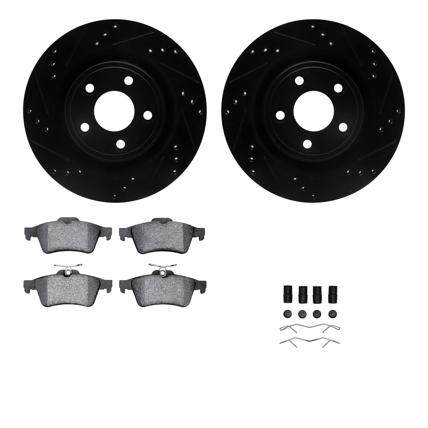 Dynamic Friction Company Rear Brake Rotors-Drilled and Slotted-Black with 5000 Advanced Brake Pads includes Hardware 8512-20024