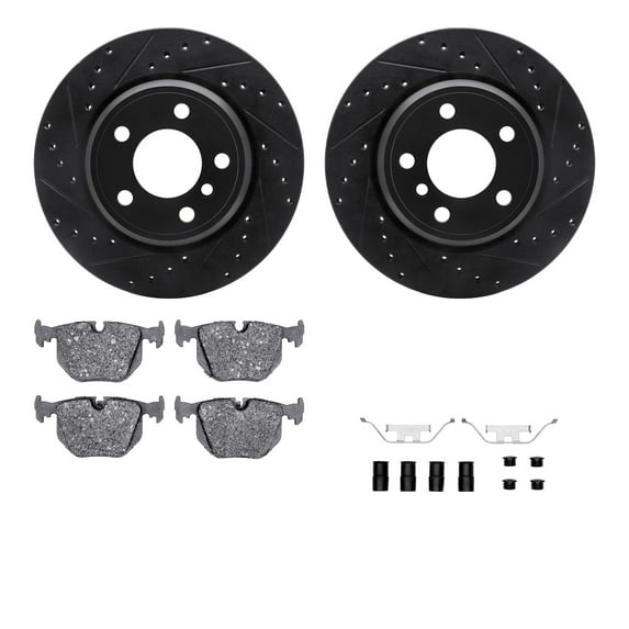 Dynamic Friction Company Rear Brake Rotors-Drilled and Slotted-Black with 5000 Advanced Brake Pads includes Hardware 8512-31053