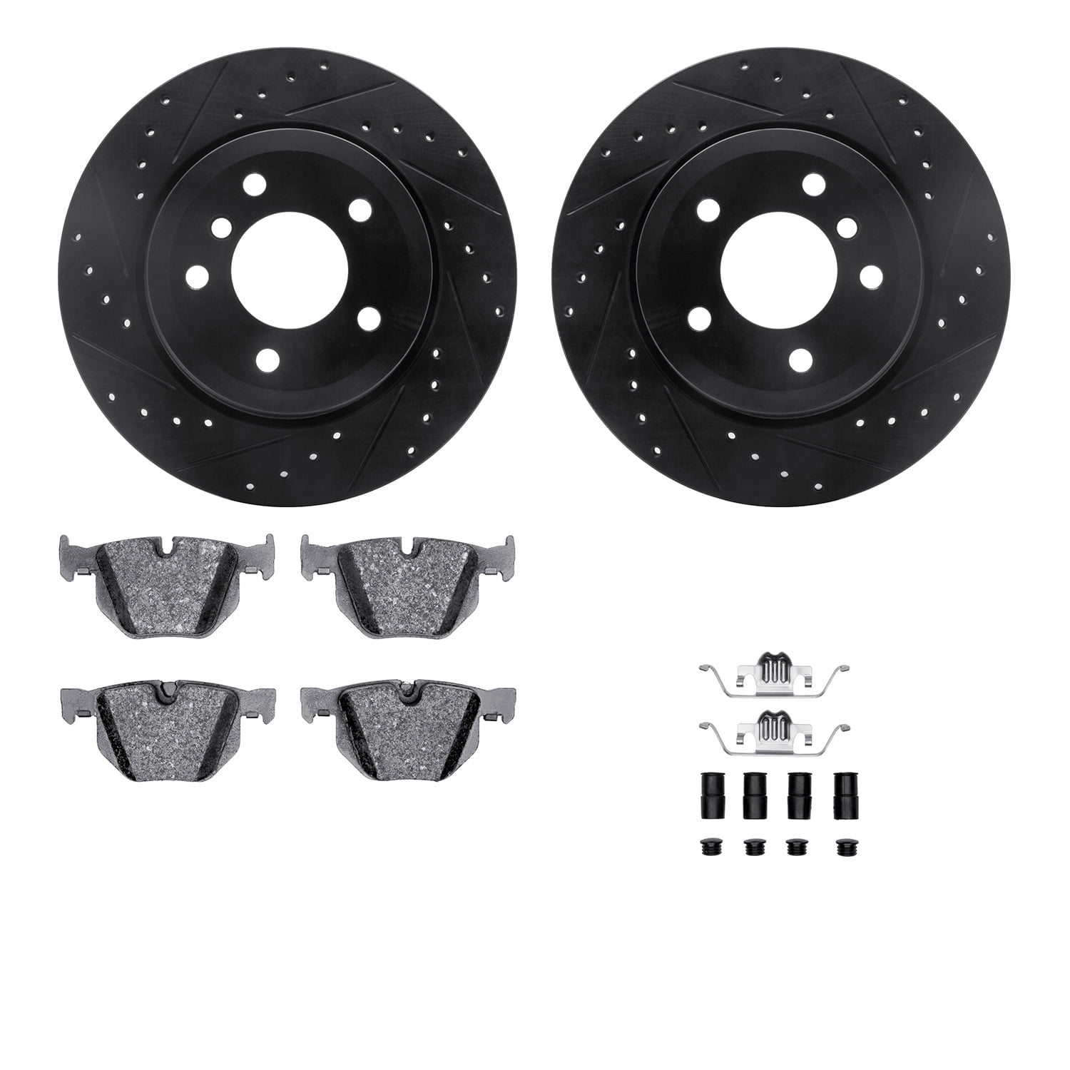 Dynamic Friction Company Rear Brake Rotors-Drilled and Slotted-Black with 5000 Advanced Brake Pads includes Hardware 8512-31077