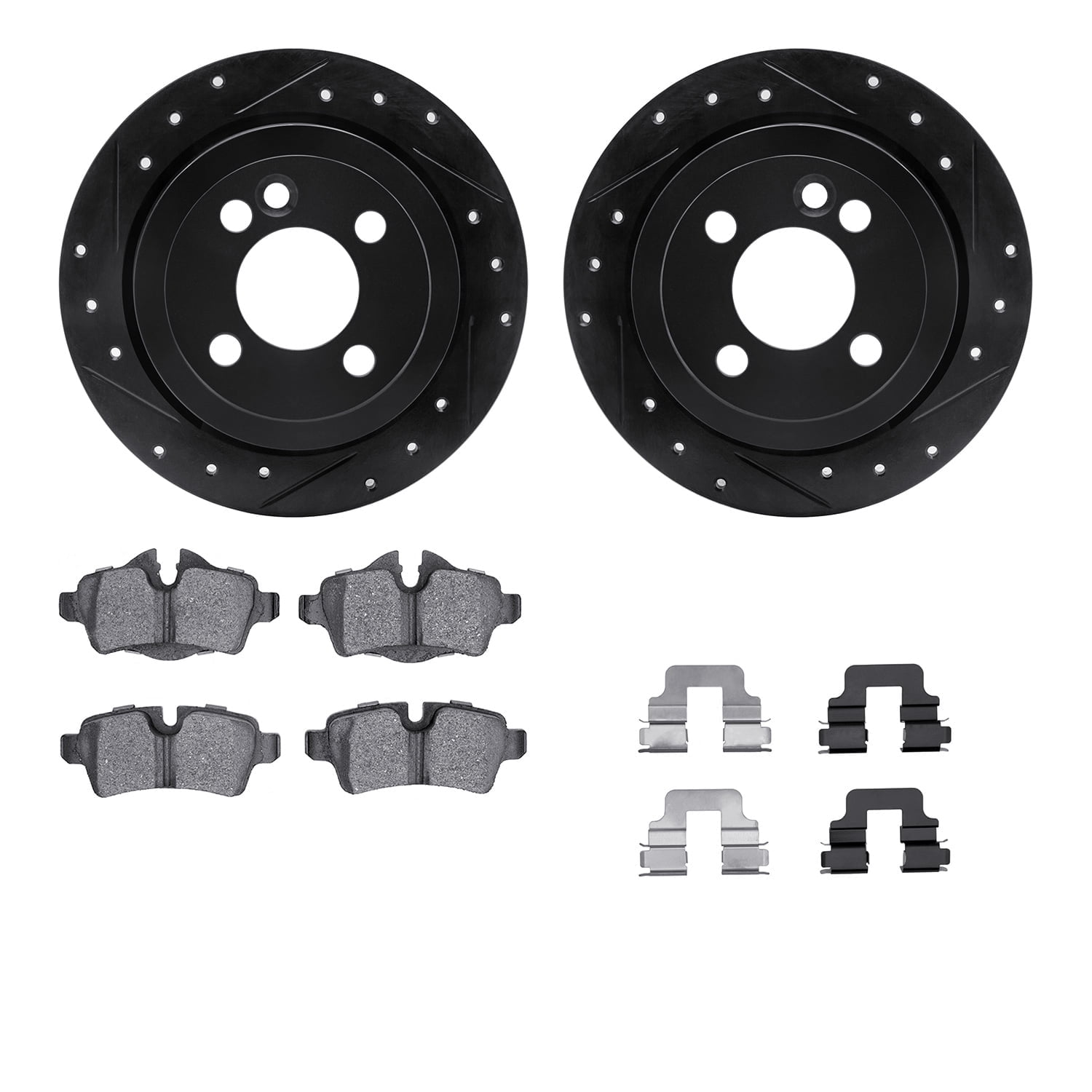 Dynamic Friction Company Rear Brake Rotors-Drilled and Slotted-Black with 5000 Advanced Brake Pads includes Hardware 8512-32004