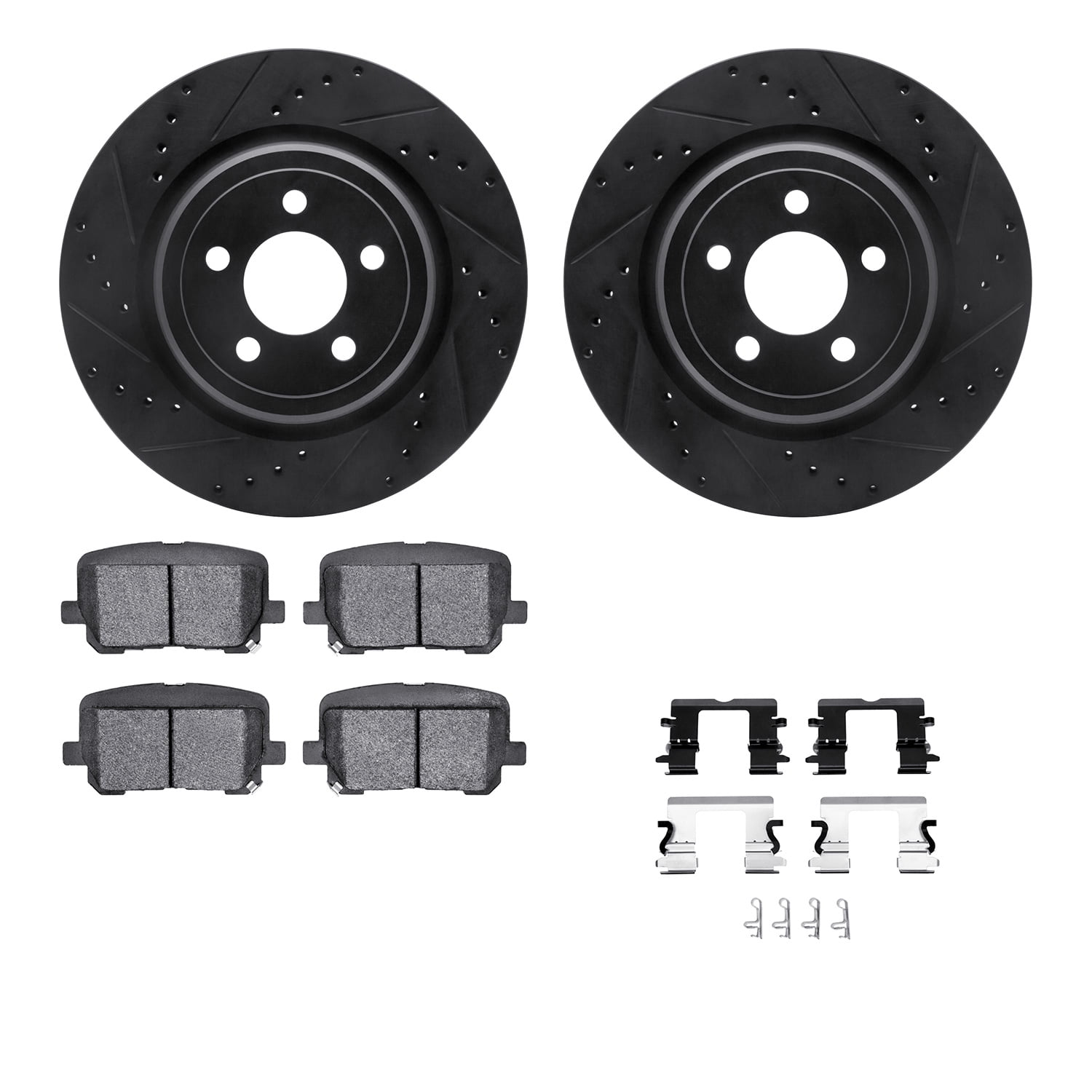 Dynamic Friction Company Rear Brake Rotors-Drilled and Slotted-Black with 5000 Advanced Brake Pads includes Hardware 8512-39014
