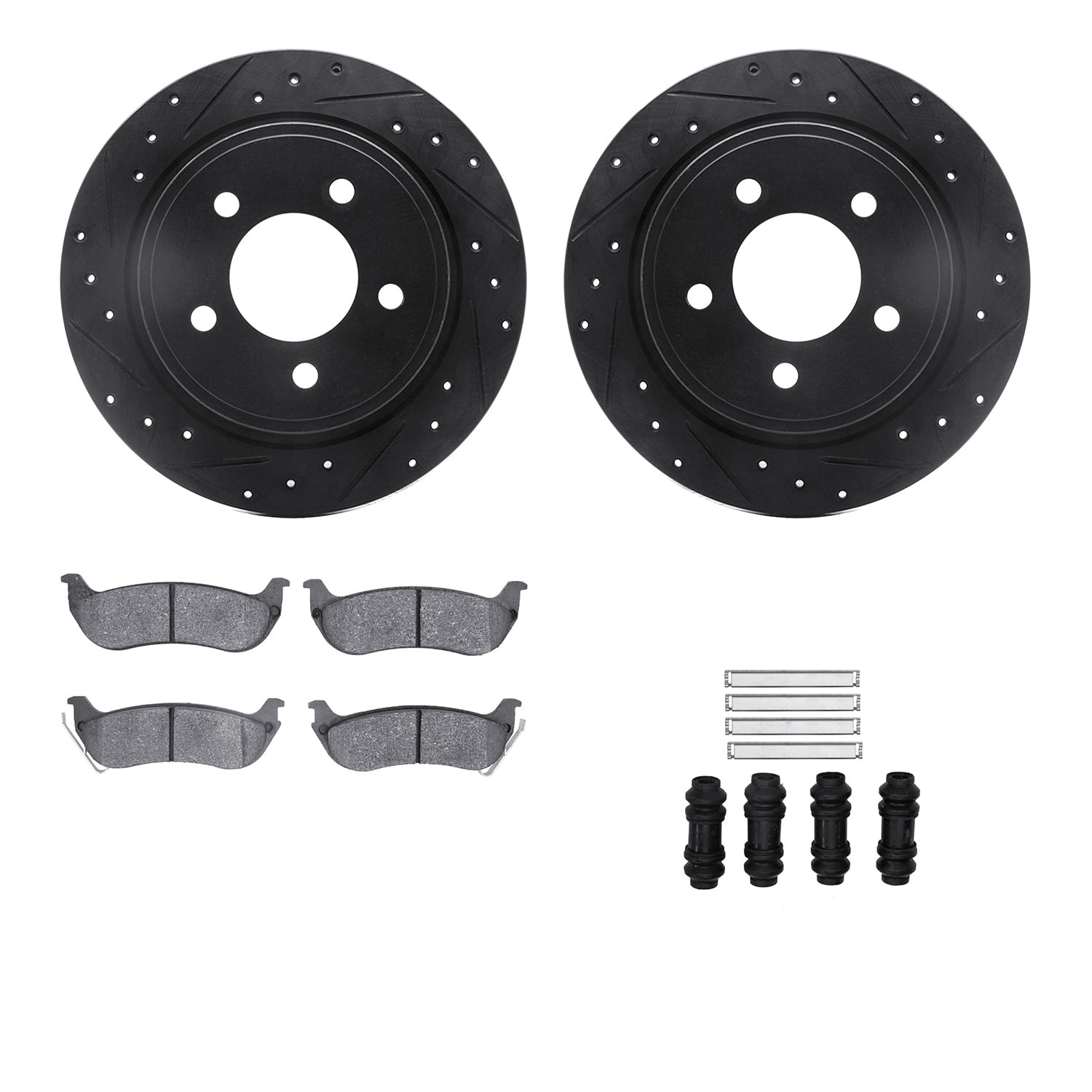 Dynamic Friction Company Rear Brake Rotors-Drilled and Slotted-Black with 5000 Advanced Brake Pads includes Hardware 8512-39030