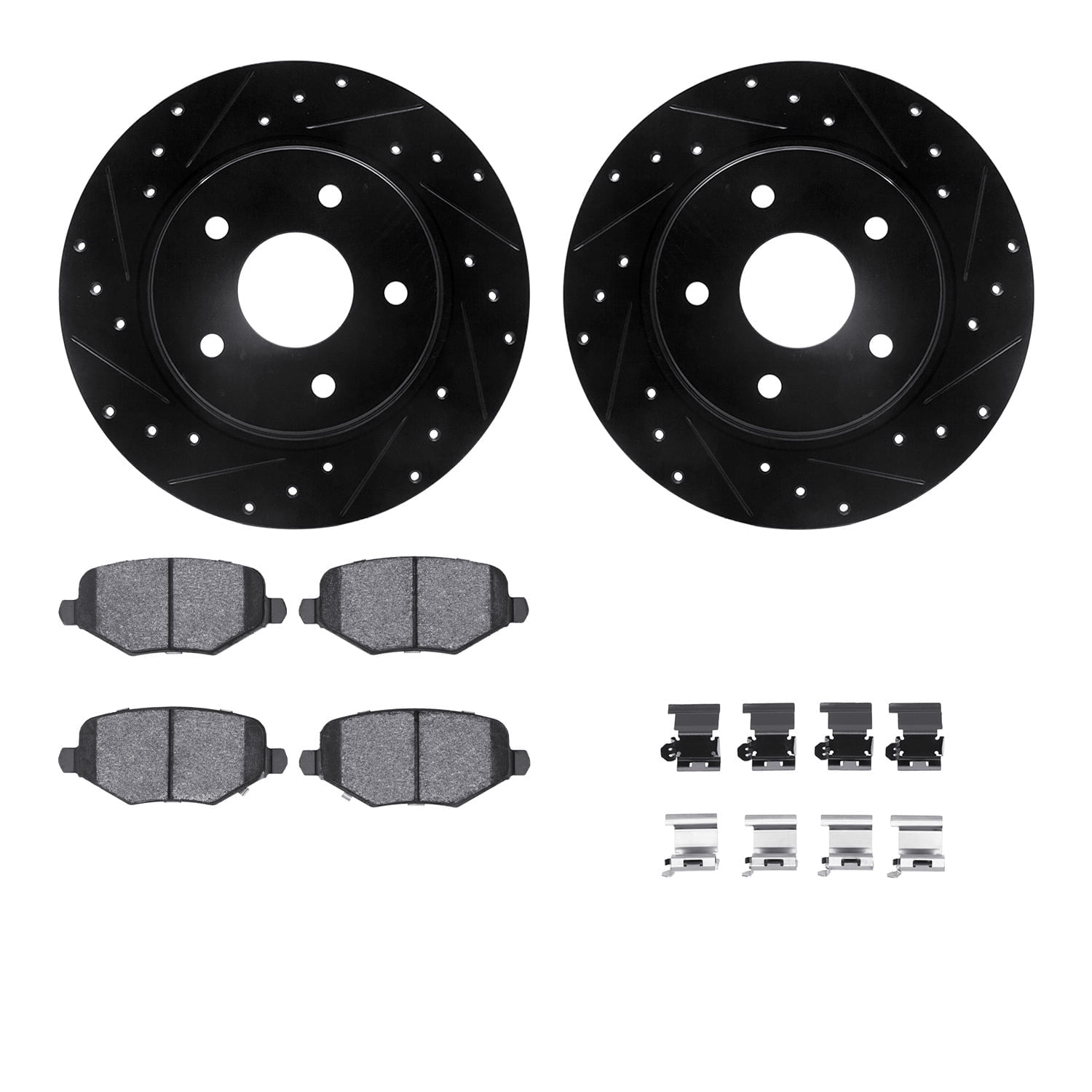 Dynamic Friction Company Rear Brake Rotors-Drilled and Slotted-Black with 5000 Advanced Brake Pads includes Hardware 8512-40043