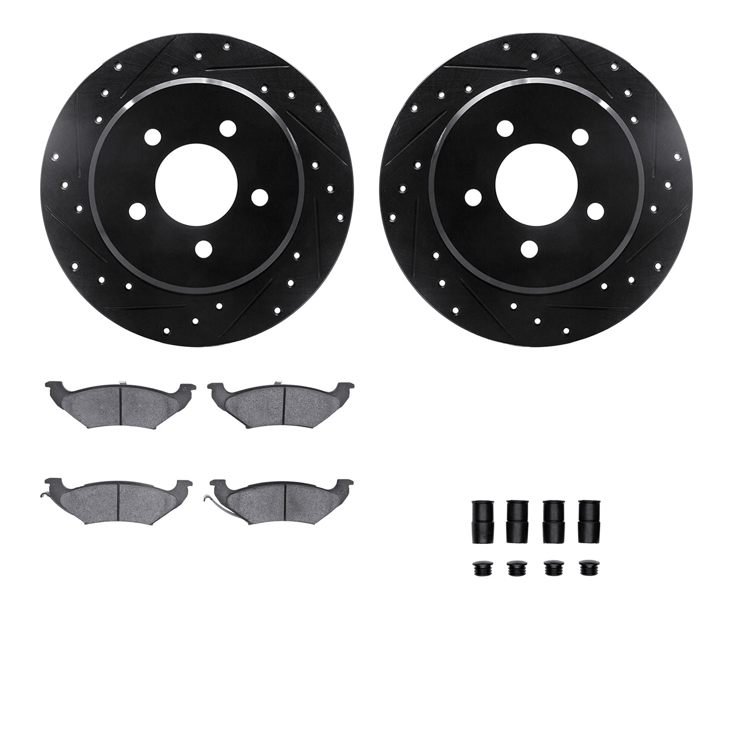 Dynamic Friction Company Rear Brake Rotors-Drilled and Slotted-Black with 5000 Advanced Brake Pads includes Hardware 8512-40278