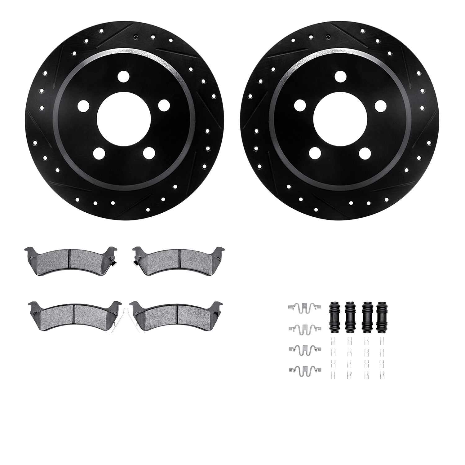 Dynamic Friction Company Rear Brake Rotors-Drilled and Slotted-Black with 5000 Advanced Brake Pads includes Hardware 8512-42018