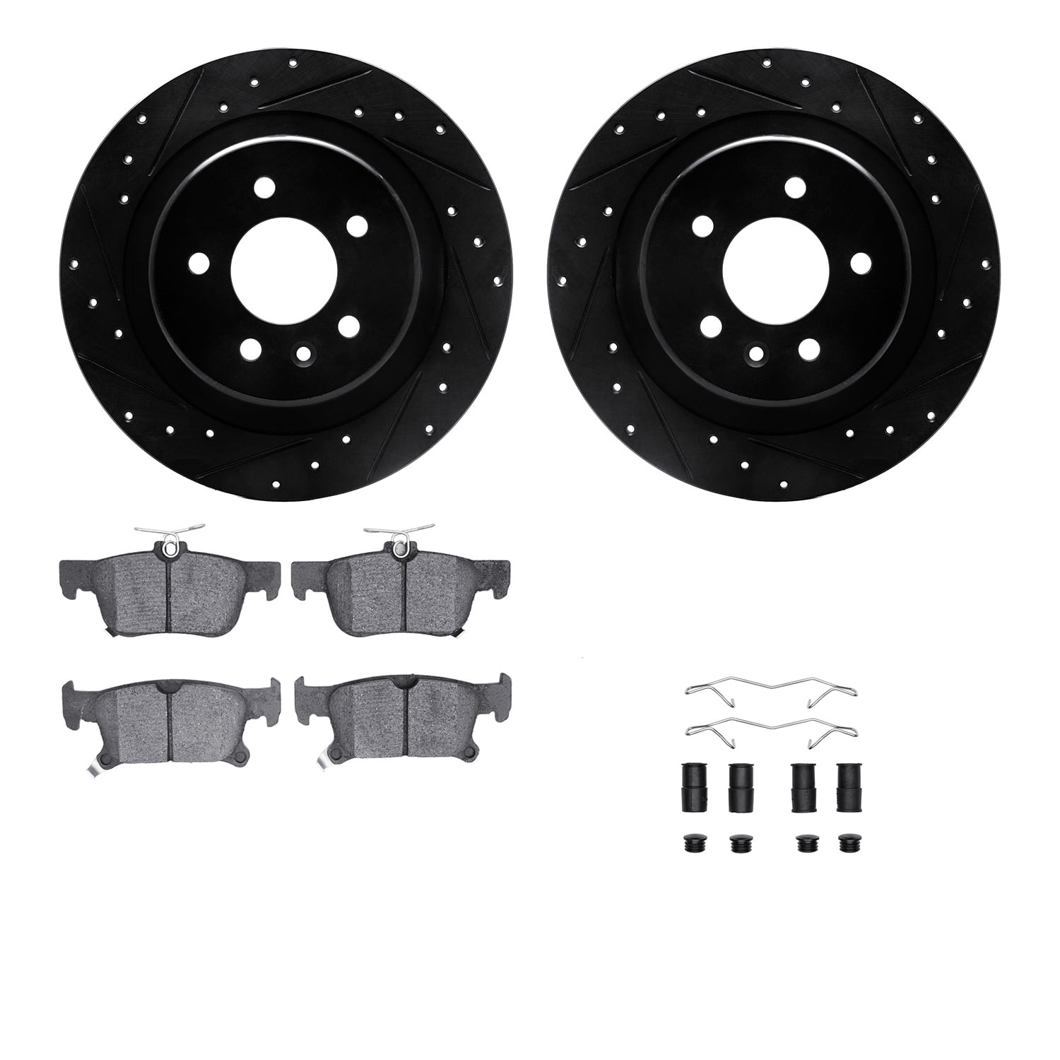 Dynamic Friction Company Rear Brake Rotors-Drilled and Slotted-Black with 5000 Advanced Brake Pads includes Hardware 8512-45034