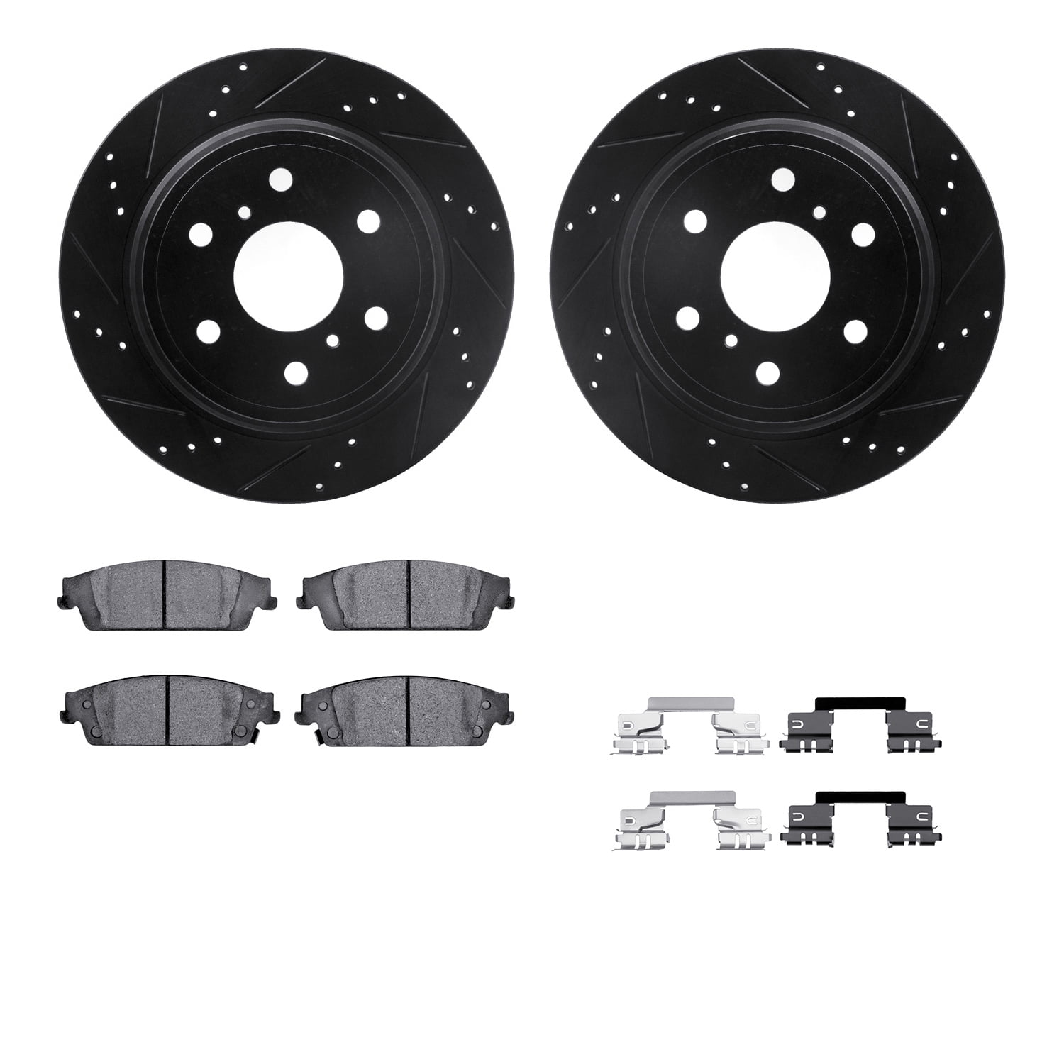 Dynamic Friction Company Rear Brake Rotors-Drilled and Slotted-Black with 5000 Advanced Brake Pads includes Hardware 8512-48063