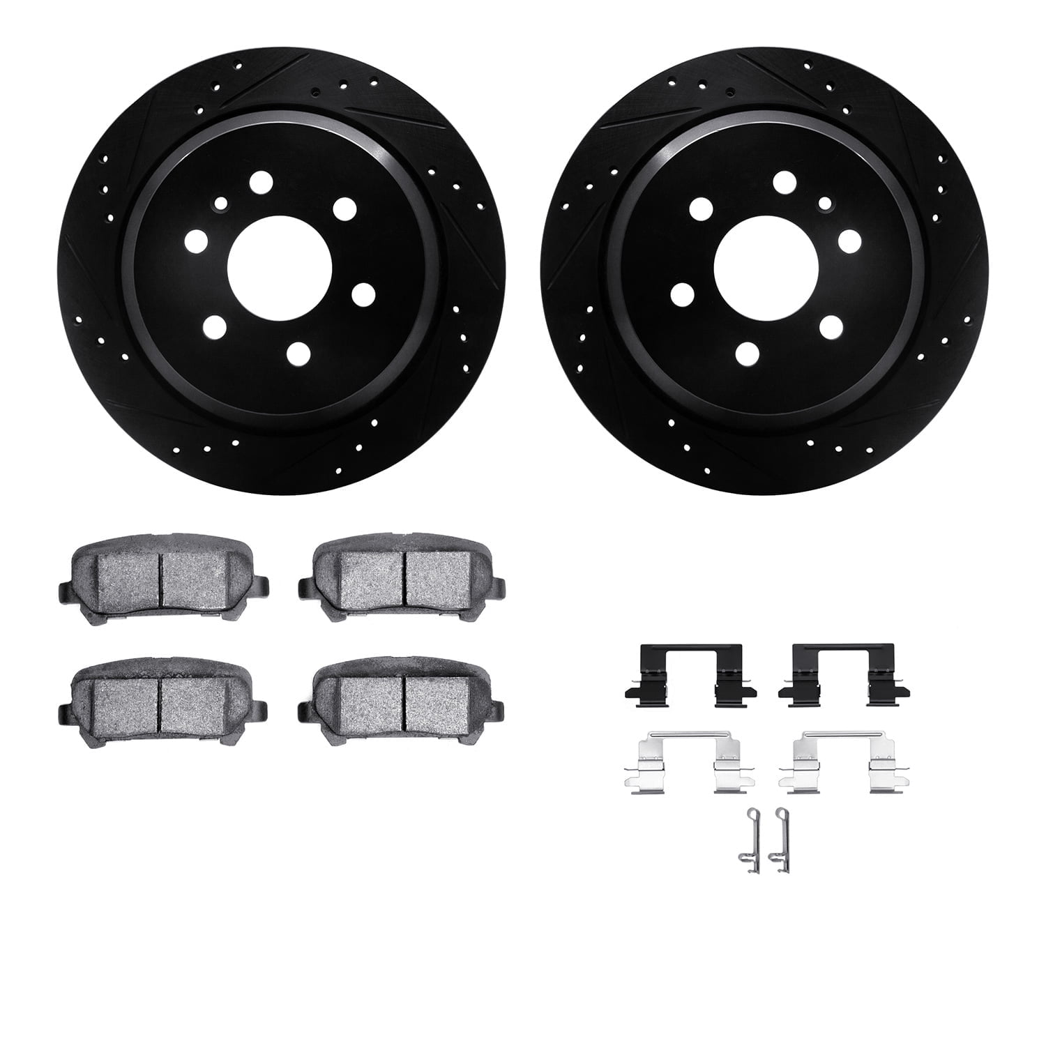 Dynamic Friction Company Rear Brake Rotors-Drilled and Slotted-Black with 5000 Advanced Brake Pads includes Hardware 8512-48072