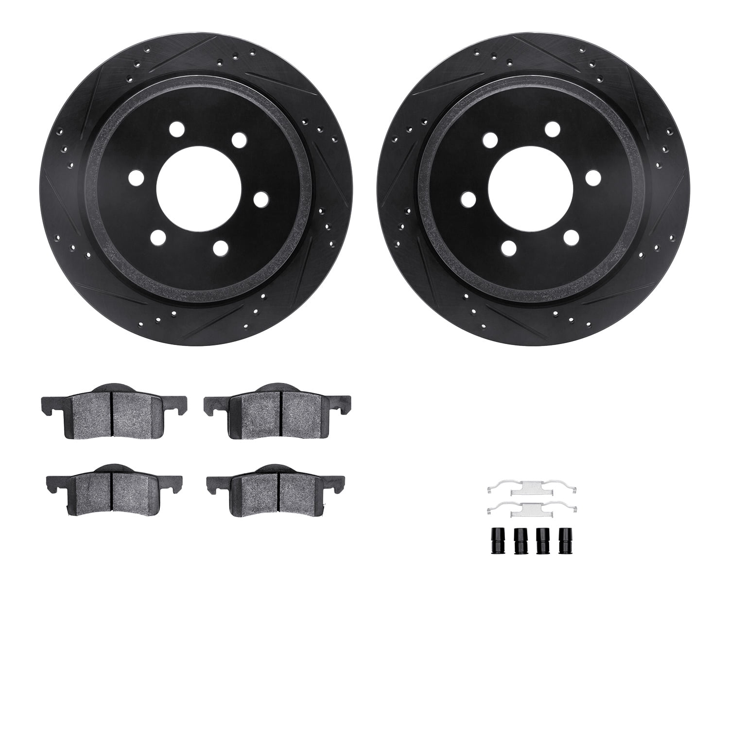 Dynamic Friction Company Rear Brake Rotors-Drilled and Slotted-Black with 5000 Advanced Brake Pads includes Hardware 8512-54149