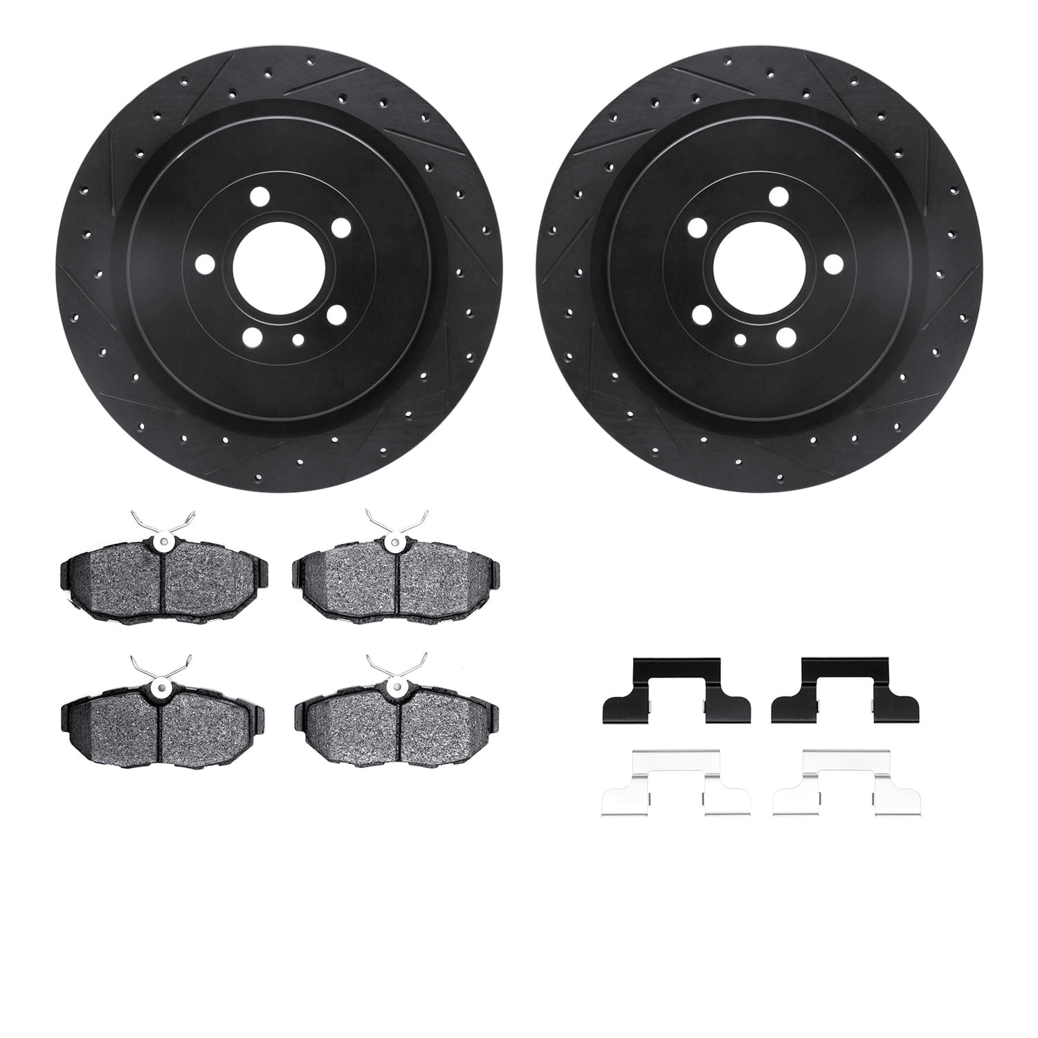 Dynamic Friction Company Rear Brake Rotors-Drilled and Slotted-Black with 5000 Advanced Brake Pads includes Hardware 8512-54176