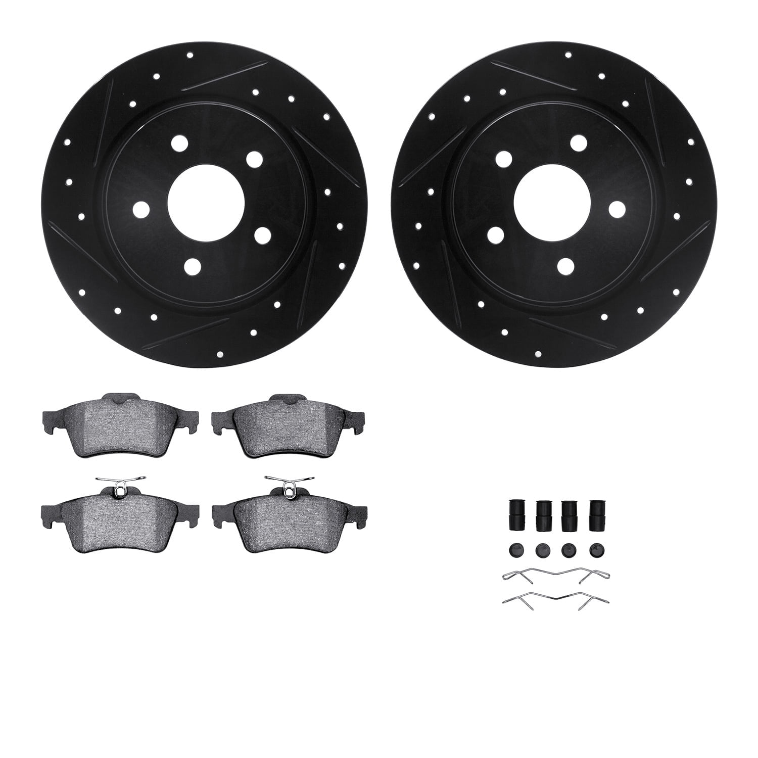 Dynamic Friction Company Rear Brake Rotors-Drilled and Slotted-Black with 5000 Advanced Brake Pads includes Hardware 8512-54179