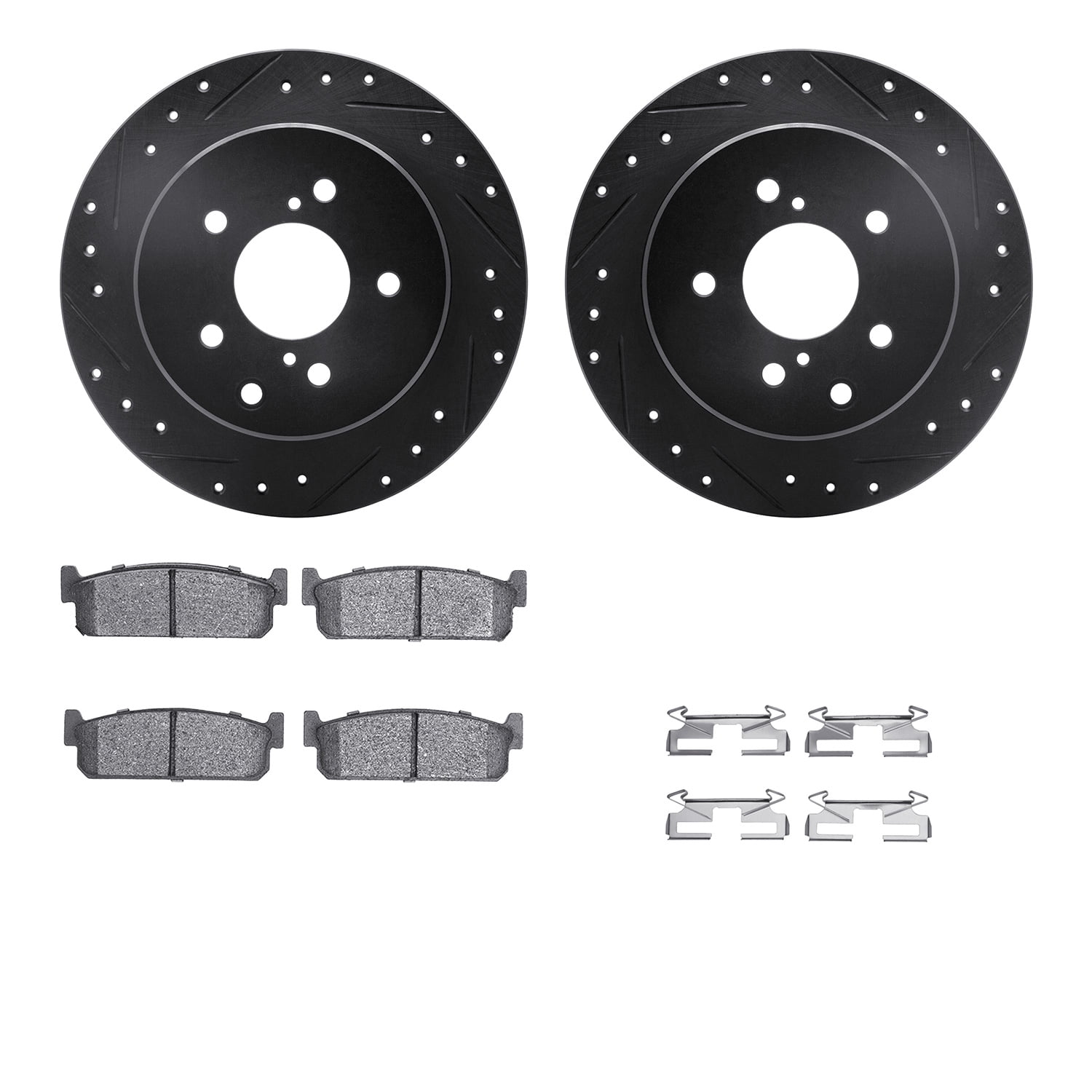 Dynamic Friction Company Rear Brake Rotors-Drilled and Slotted-Black with 5000 Advanced Brake Pads includes Hardware 8512-68002