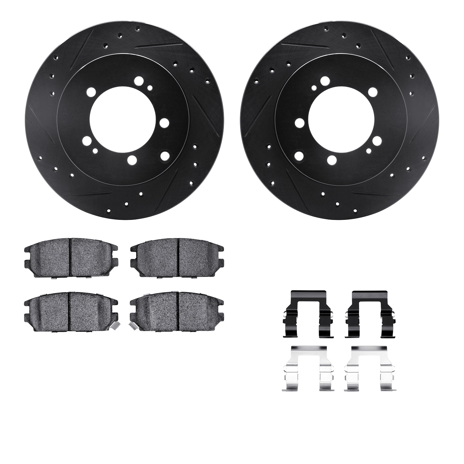 Dynamic Friction Company Rear Brake Rotors-Drilled and Slotted-Black with 5000 Advanced Brake Pads includes Hardware 8512-72053