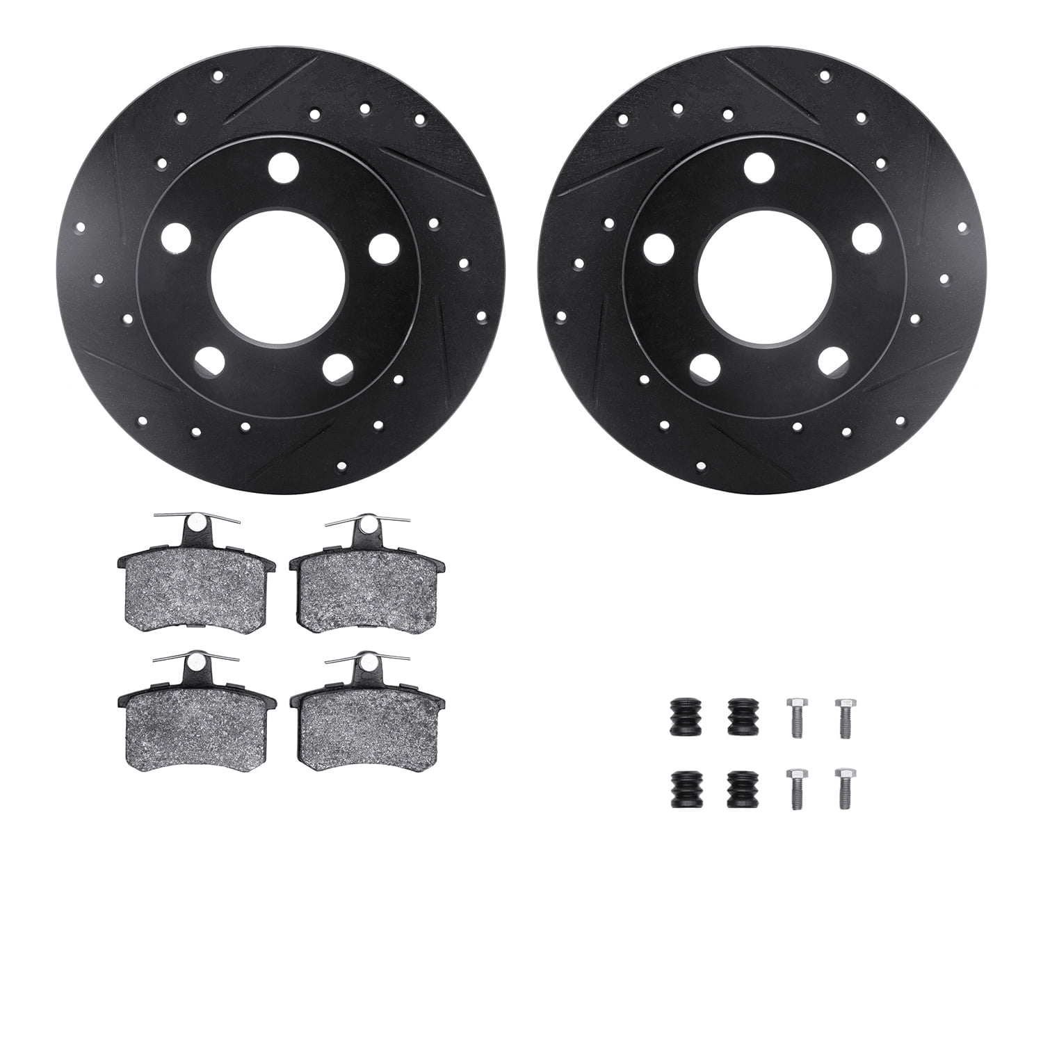 Dynamic Friction Company Rear Brake Rotors-Drilled and Slotted-Black with 5000 Advanced Brake Pads includes Hardware 8512-74016