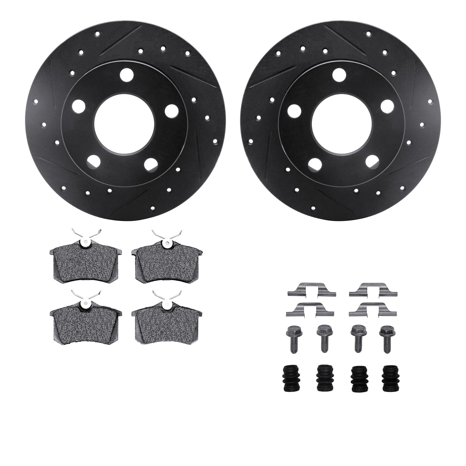Dynamic Friction Company Rear Brake Rotors-Drilled and Slotted-Black with 5000 Advanced Brake Pads includes Hardware 8512-74018
