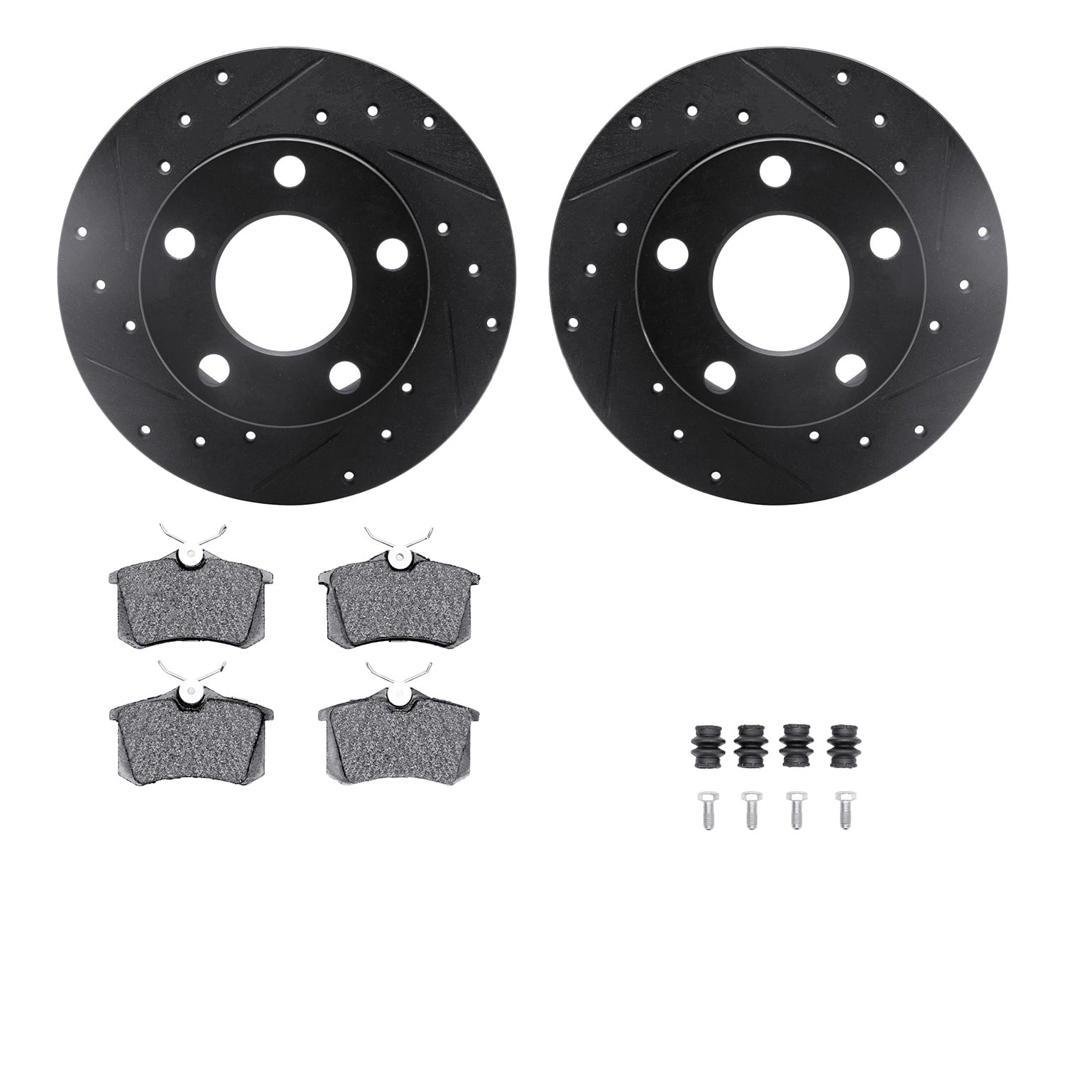 Dynamic Friction Company Rear Brake Rotors-Drilled and Slotted-Black with 5000 Advanced Brake Pads includes Hardware 8512-74019
