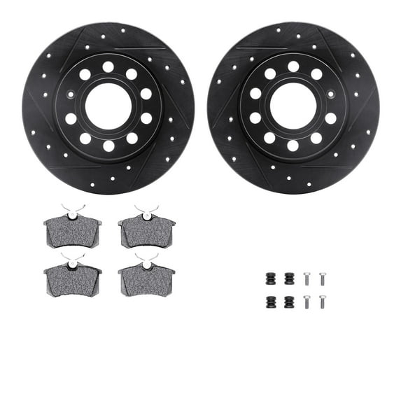 Dynamic Friction Company Rear Brake Rotors-Drilled and Slotted-Black with 5000 Advanced Brake Pads includes Hardware 8512-74069
