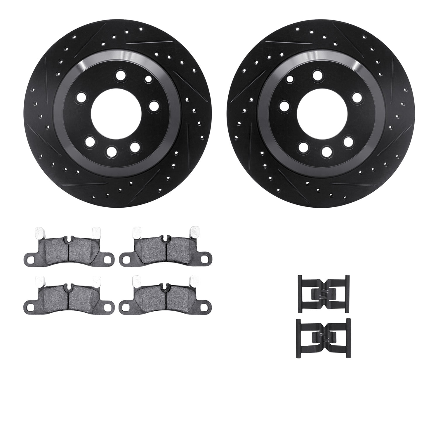 Dynamic Friction Company Rear Brake Rotors-Drilled and Slotted-Black with 5000 Advanced Brake Pads includes Hardware 8512-74089