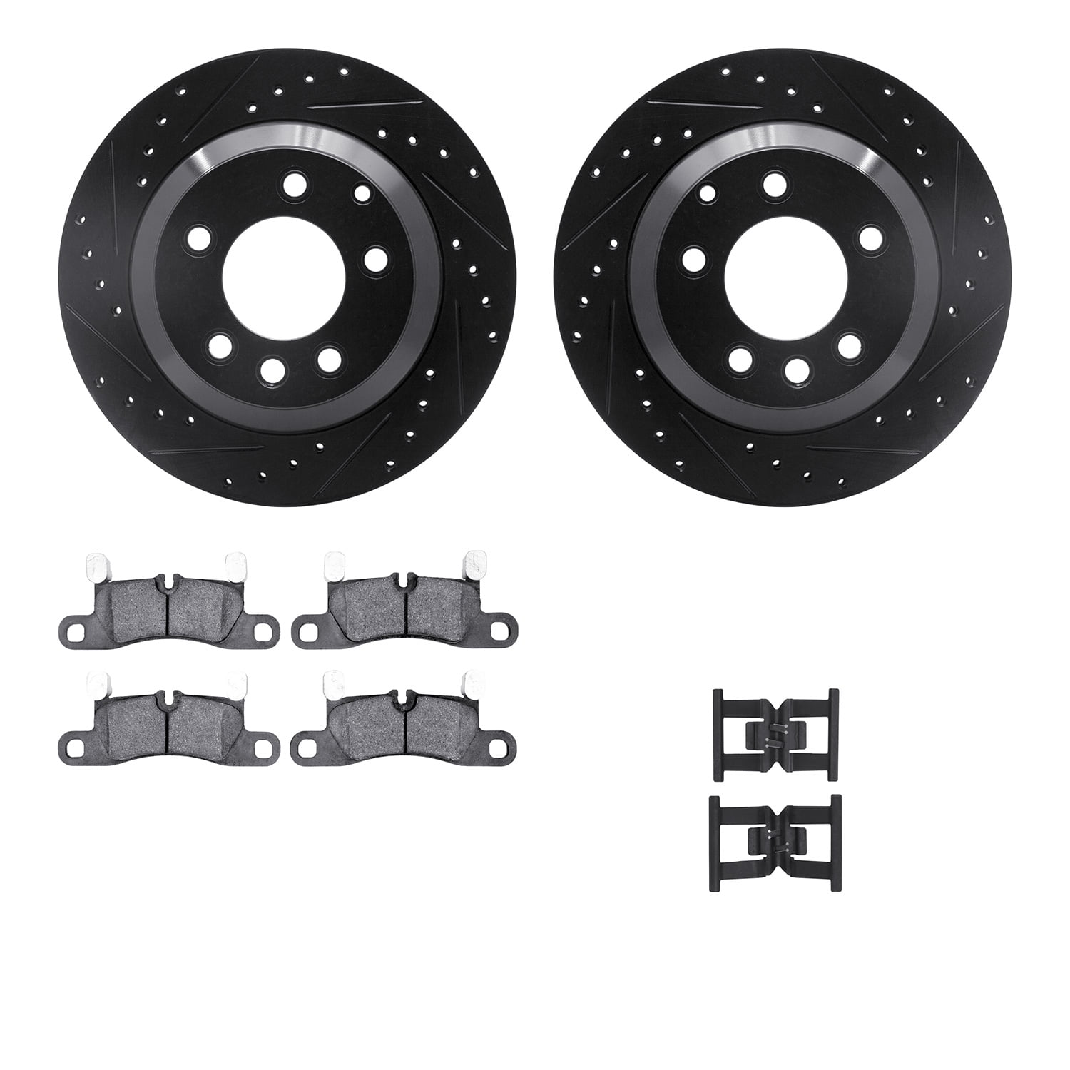 Dynamic Friction Company Rear Brake Rotors-Drilled and Slotted-Black with 5000 Advanced Brake Pads includes Hardware 8512-74404