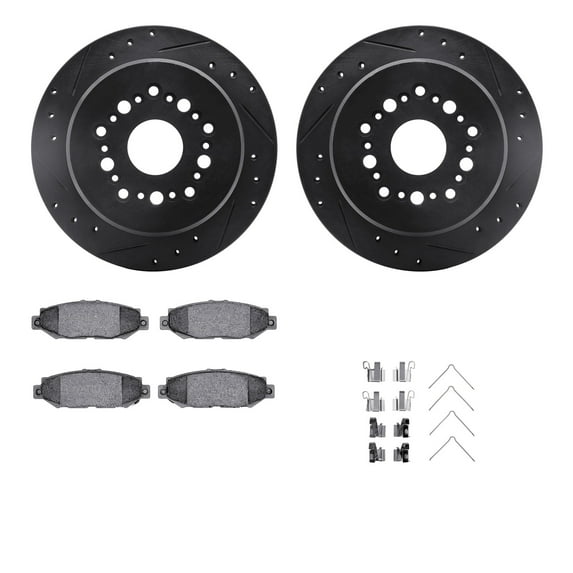 Dynamic Friction Company Rear Brake Rotors-Drilled and Slotted-Black with 5000 Advanced Brake Pads includes Hardware 8512-75004