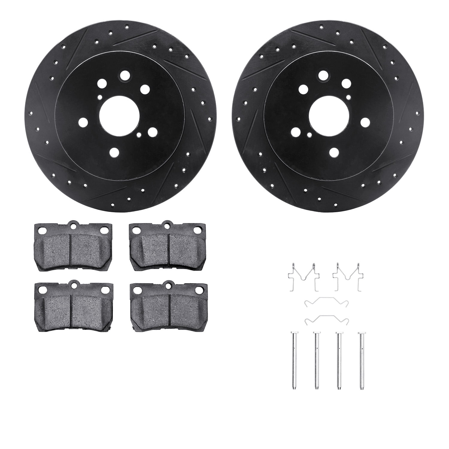 Dynamic Friction Company Rear Brake Rotors-Drilled and Slotted-Black with 5000 Advanced Brake Pads includes Hardware 8512-75017