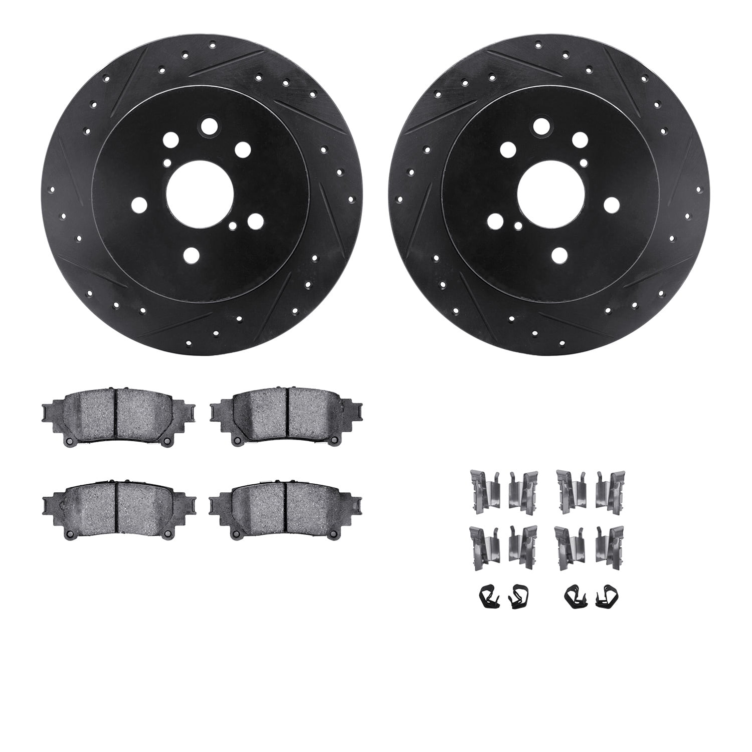 Dynamic Friction Company Rear Brake Rotors-Drilled and Slotted-Black with 5000 Advanced Brake Pads includes Hardware 8512-75018