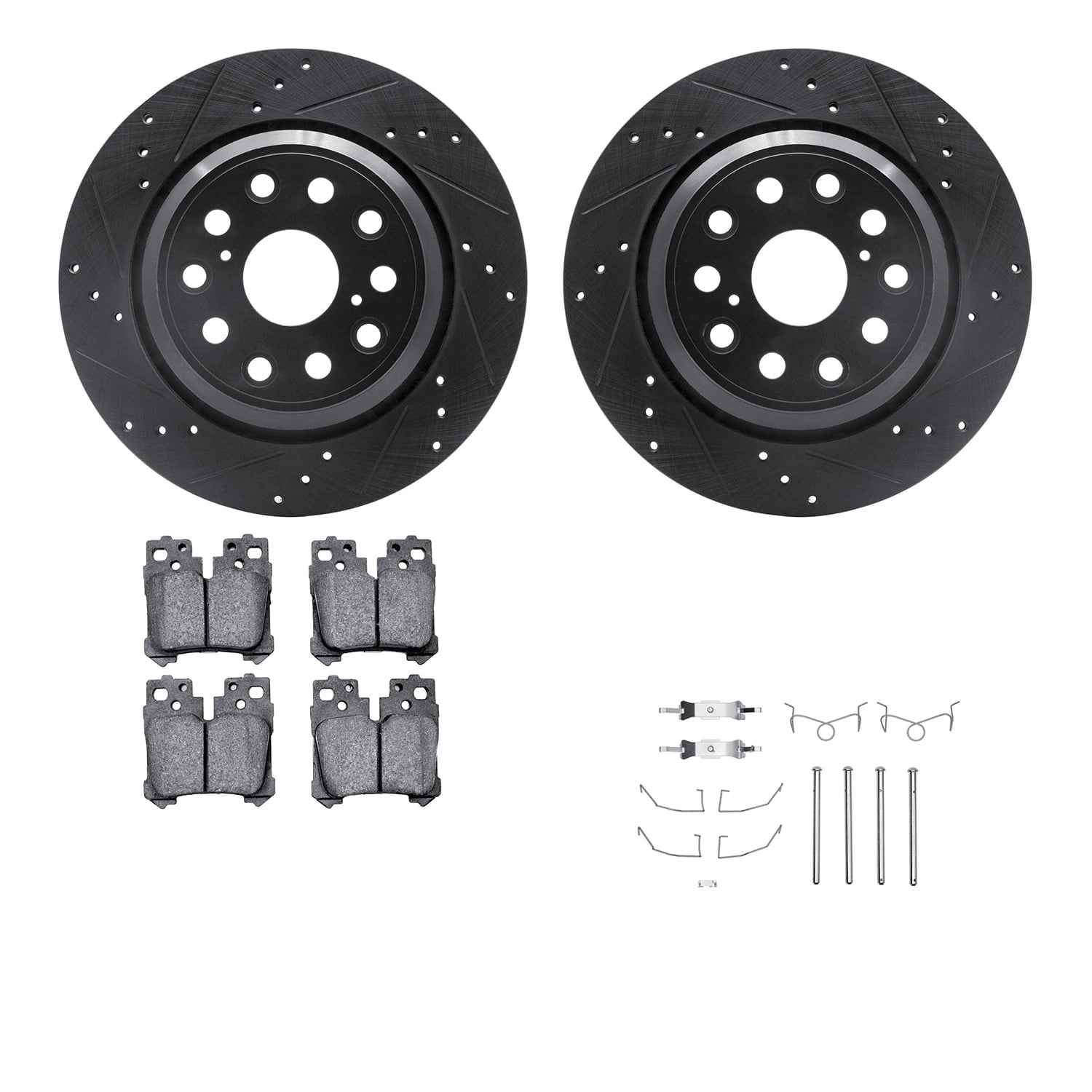 Dynamic Friction Company Rear Brake Rotors-Drilled and Slotted-Black with 5000 Advanced Brake Pads includes Hardware 8512-75102