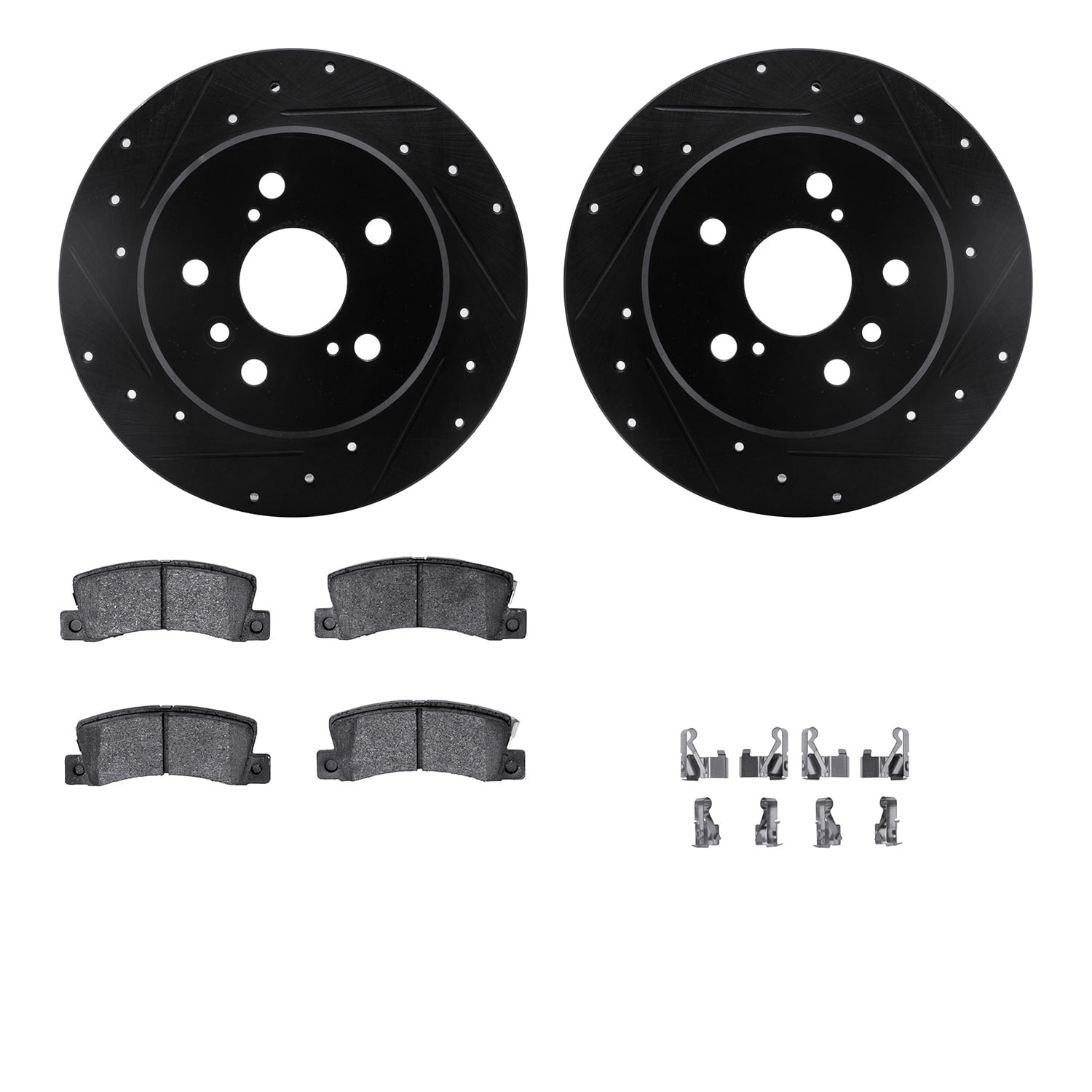 Dynamic Friction Company Rear Brake Rotors-Drilled and Slotted-Black with 5000 Advanced Brake Pads includes Hardware 8512-76060