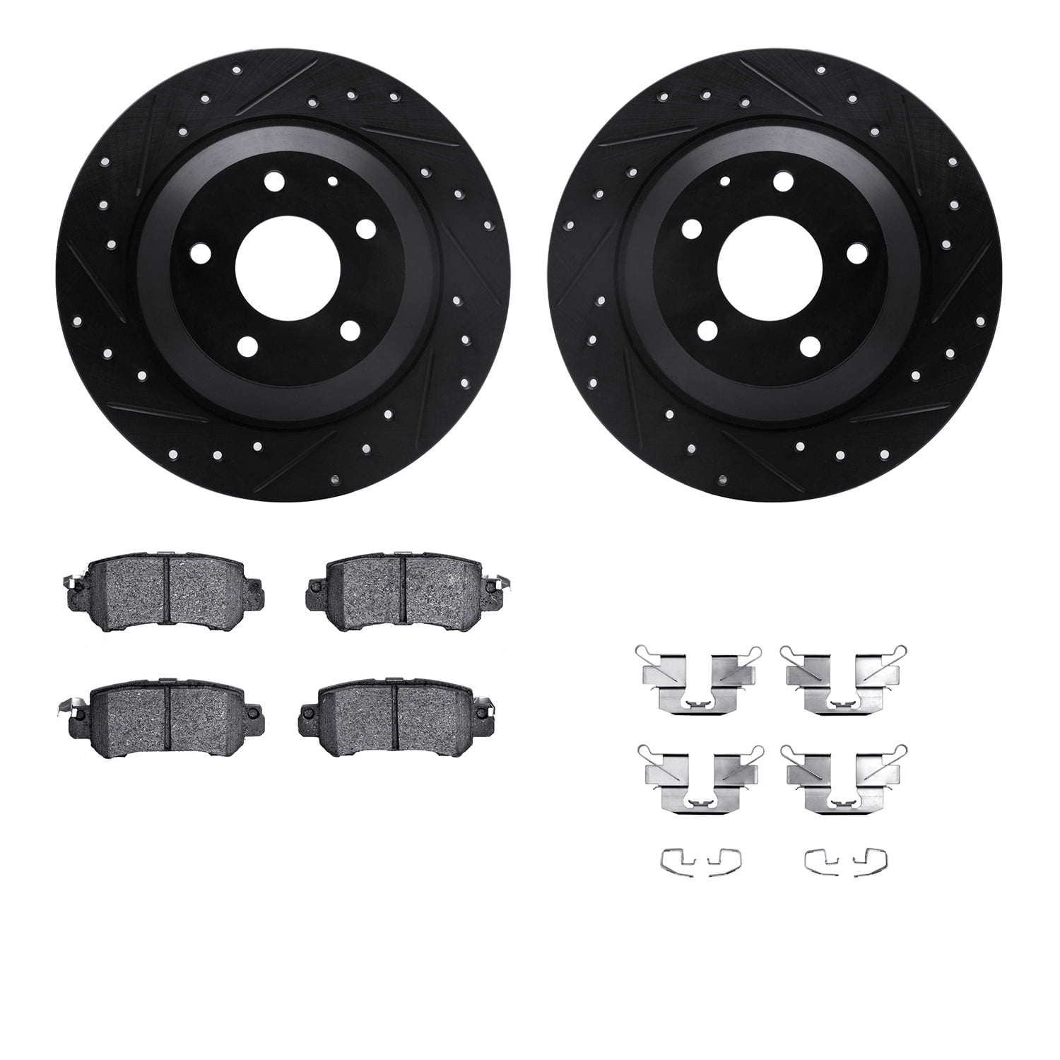 Dynamic Friction Company Rear Brake Rotors-Drilled and Slotted-Black with 5000 Advanced Brake Pads includes Hardware 8512-80075