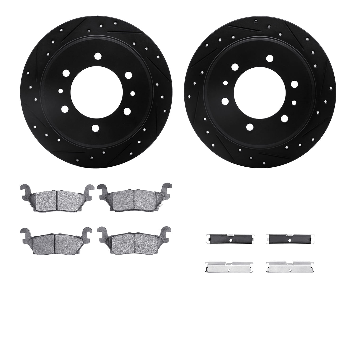 Dynamic Friction Company Rear Brake Rotors-Drilled and Slotted-Black with 5000 Advanced Brake Pads includes Hardware 8512-93002