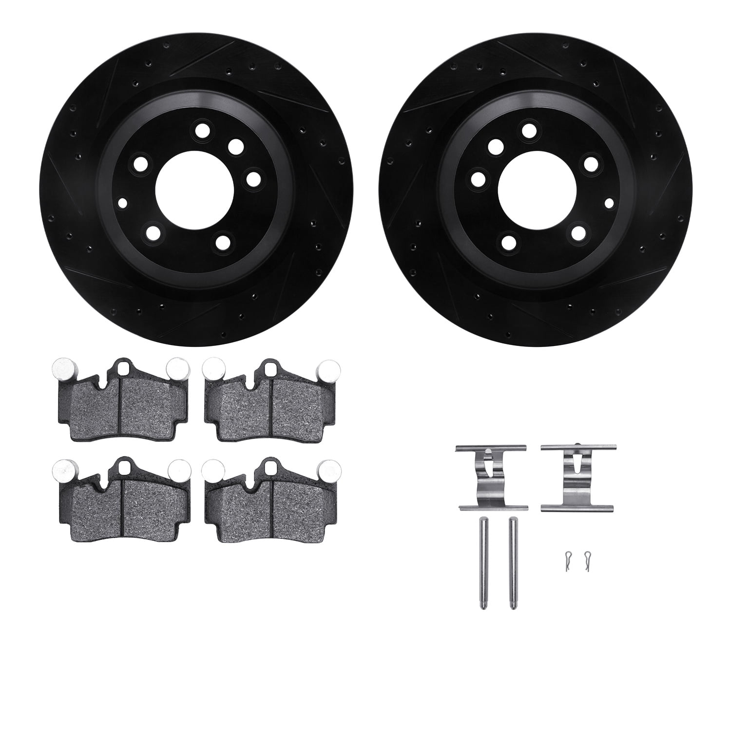 Dynamic Friction Company Rear Brake Rotors-Drilled and Slotted-Black with 5000 Euro Ceramic Brake Pads includes Hardware 8612-02010
