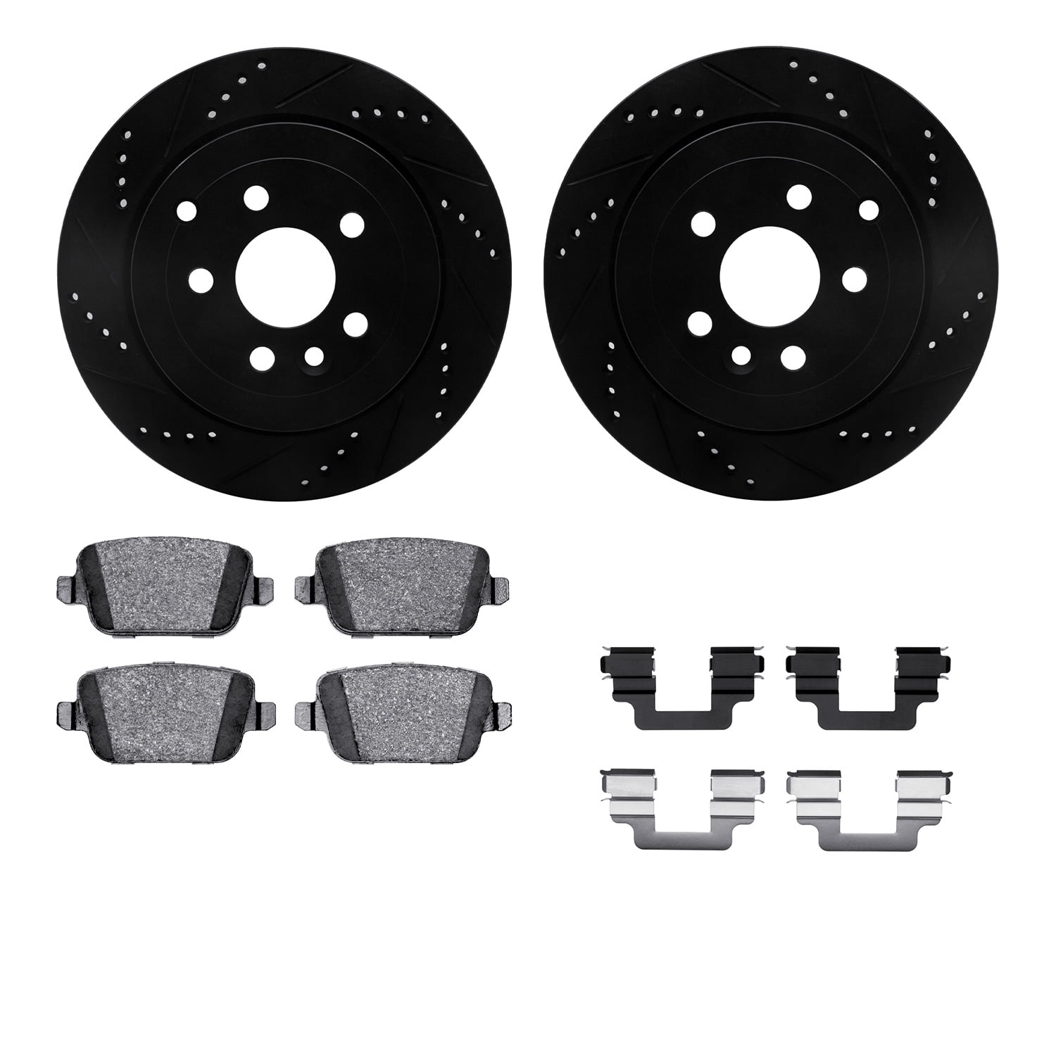 Dynamic Friction Company Rear Brake Rotors-Drilled and Slotted-Black with 5000 Euro Ceramic Brake Pads includes Hardware 8612-11016