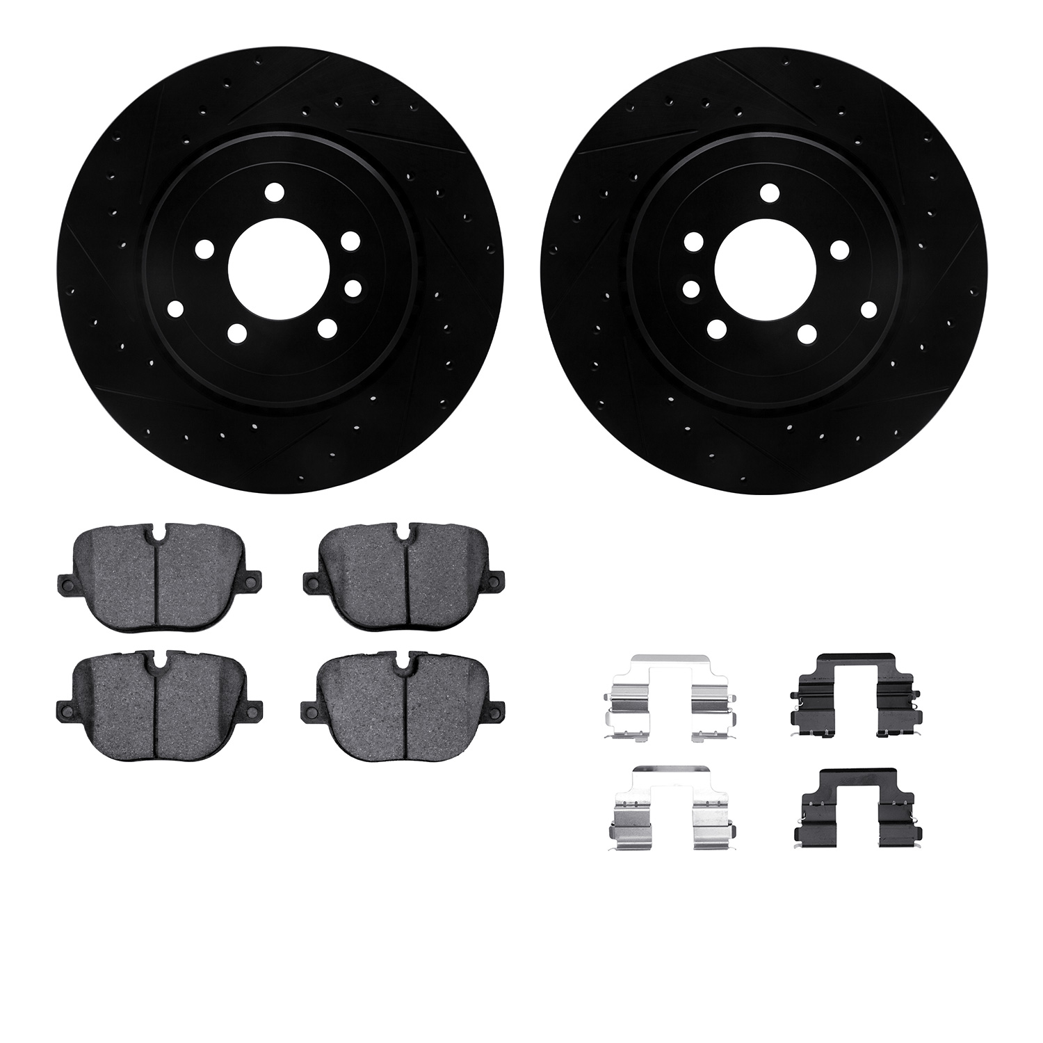 Dynamic Friction Company Rear Brake Rotors-Drilled and Slotted-Black with 5000 Euro Ceramic Brake Pads includes Hardware 8612-11019