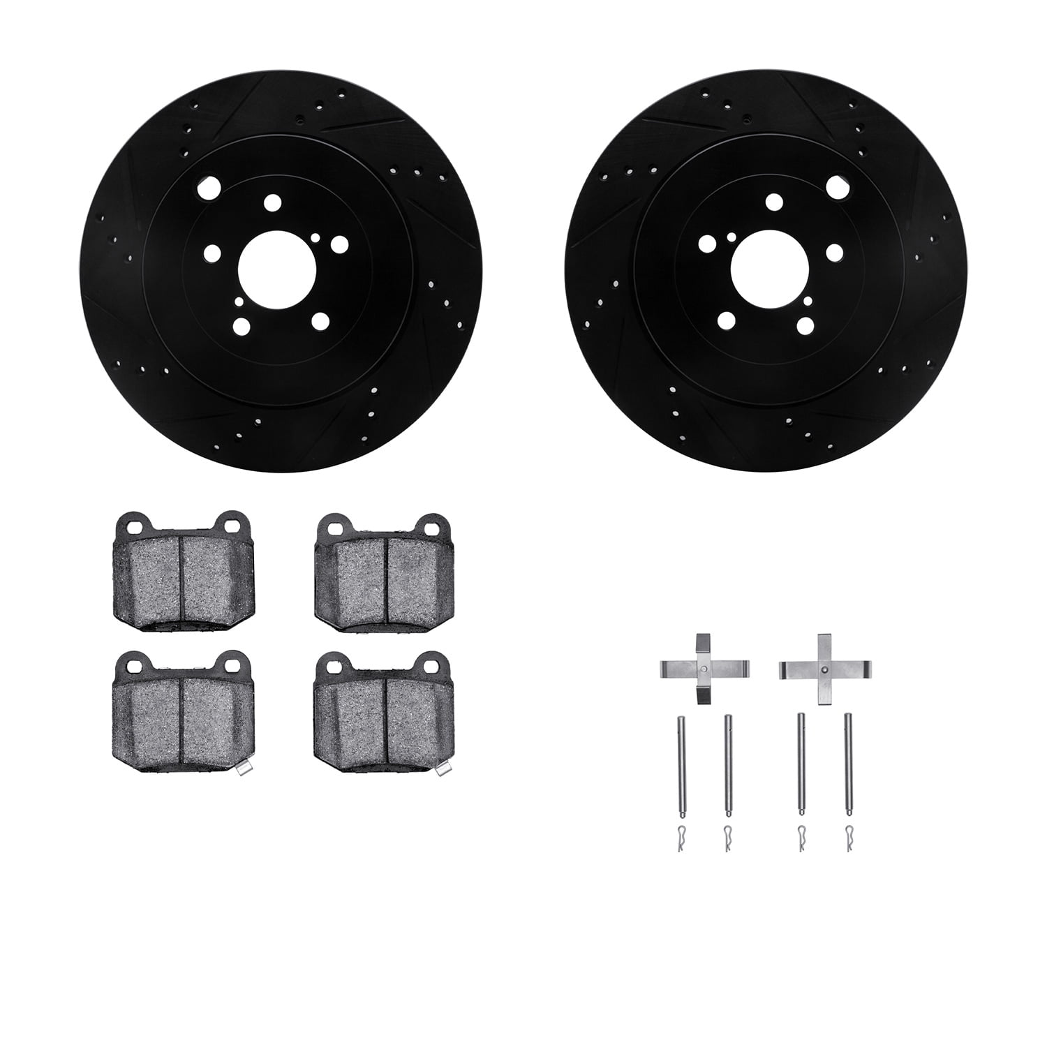 Dynamic Friction Company Rear Brake Rotors-Drilled and Slotted-Black with 5000 Euro Ceramic Brake Pads includes Hardware 8612-13013