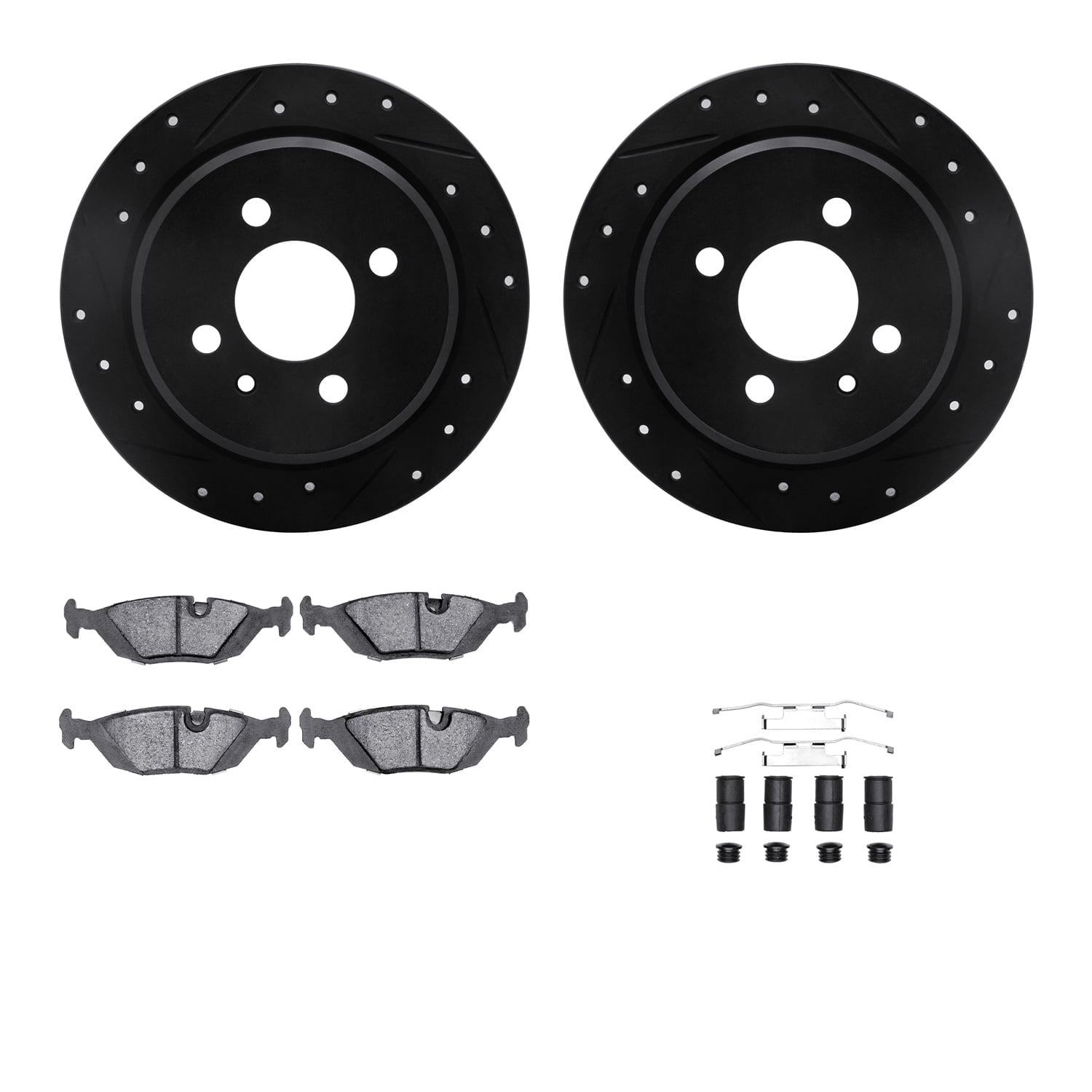 Dynamic Friction Company Rear Brake Rotors-Drilled and Slotted-Black with 5000 Euro Ceramic Brake Pads includes Hardware 8612-31016