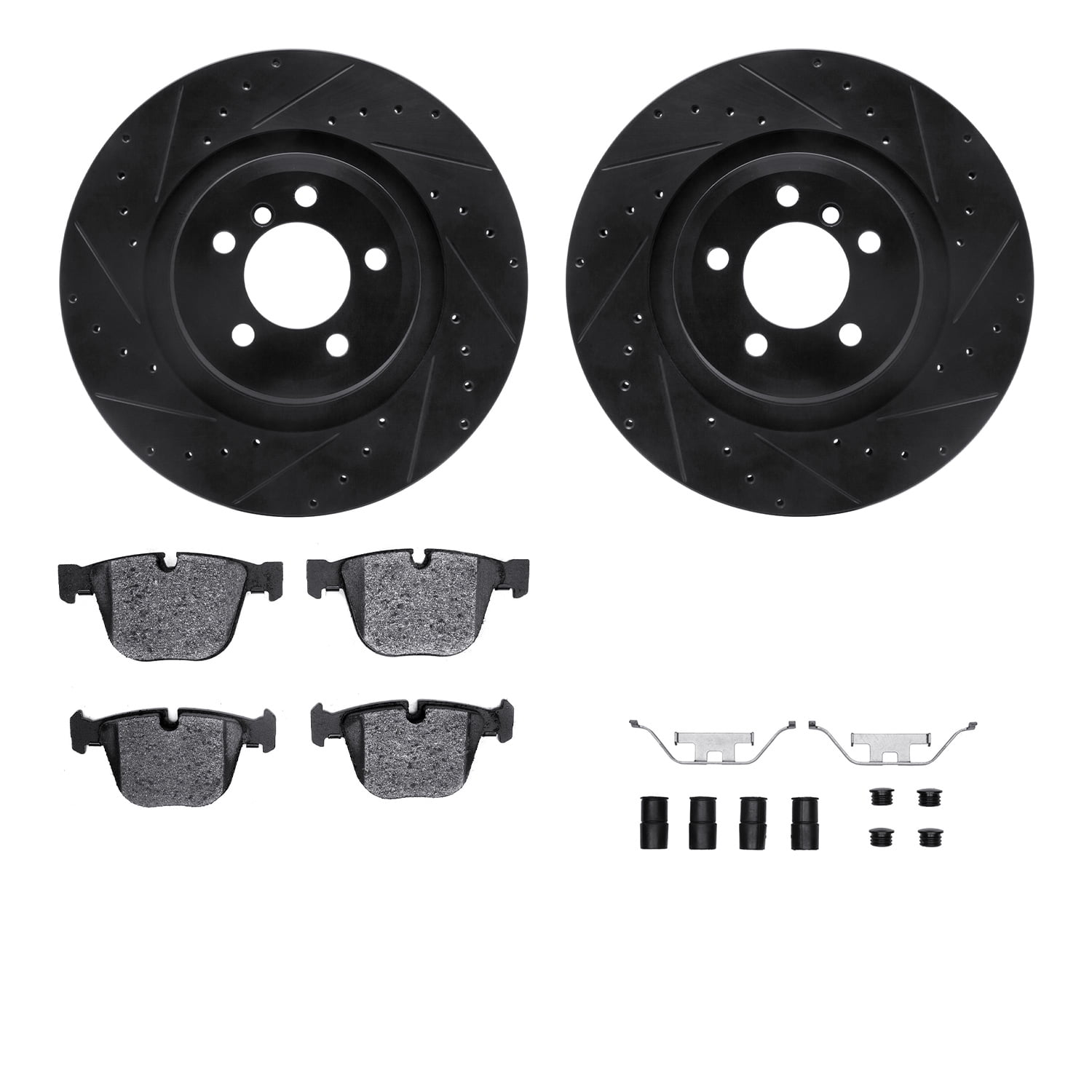 Dynamic Friction Company Rear Brake Rotors-Drilled and Slotted-Black with 5000 Euro Ceramic Brake Pads includes Hardware 8612-31073