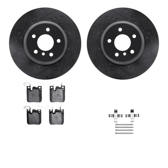 Dynamic Friction Company Rear Brake Rotors-Drilled and Slotted-Black with 5000 Euro Ceramic Brake Pads includes Hardware 8612-31100
