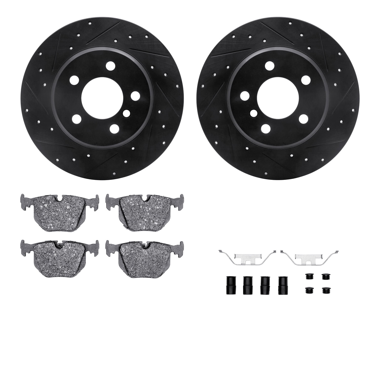 Dynamic Friction Company Rear Brake Rotors-Drilled and Slotted-Black with 5000 Euro Ceramic Brake Pads includes Hardware 8612-31108