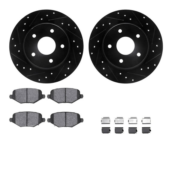 Dynamic Friction Company Rear Brake Rotors-Drilled and Slotted-Black with 5000 Euro Ceramic Brake Pads includes Hardware 8612-40002