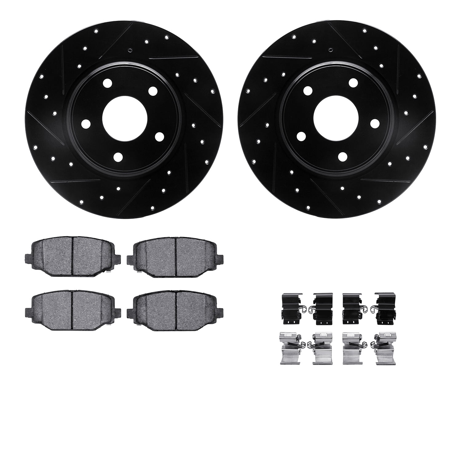 Dynamic Friction Company Rear Brake Rotors-Drilled and Slotted-Black with 5000 Euro Ceramic Brake Pads includes Hardware 8612-40004