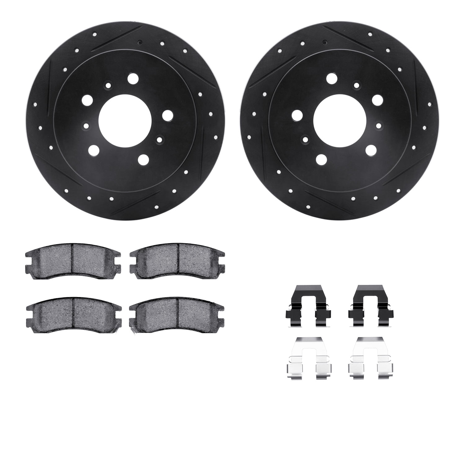 Dynamic Friction Company Rear Brake Rotors-Drilled and Slotted-Black with 5000 Euro Ceramic Brake Pads includes Hardware 8612-45000