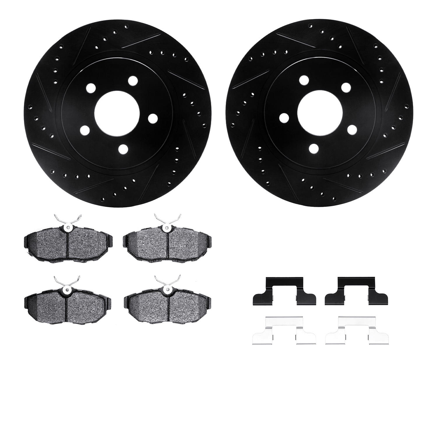 Dynamic Friction Company Rear Brake Rotors-Drilled and Slotted-Black with 5000 Euro Ceramic Brake Pads includes Hardware 8612-54010