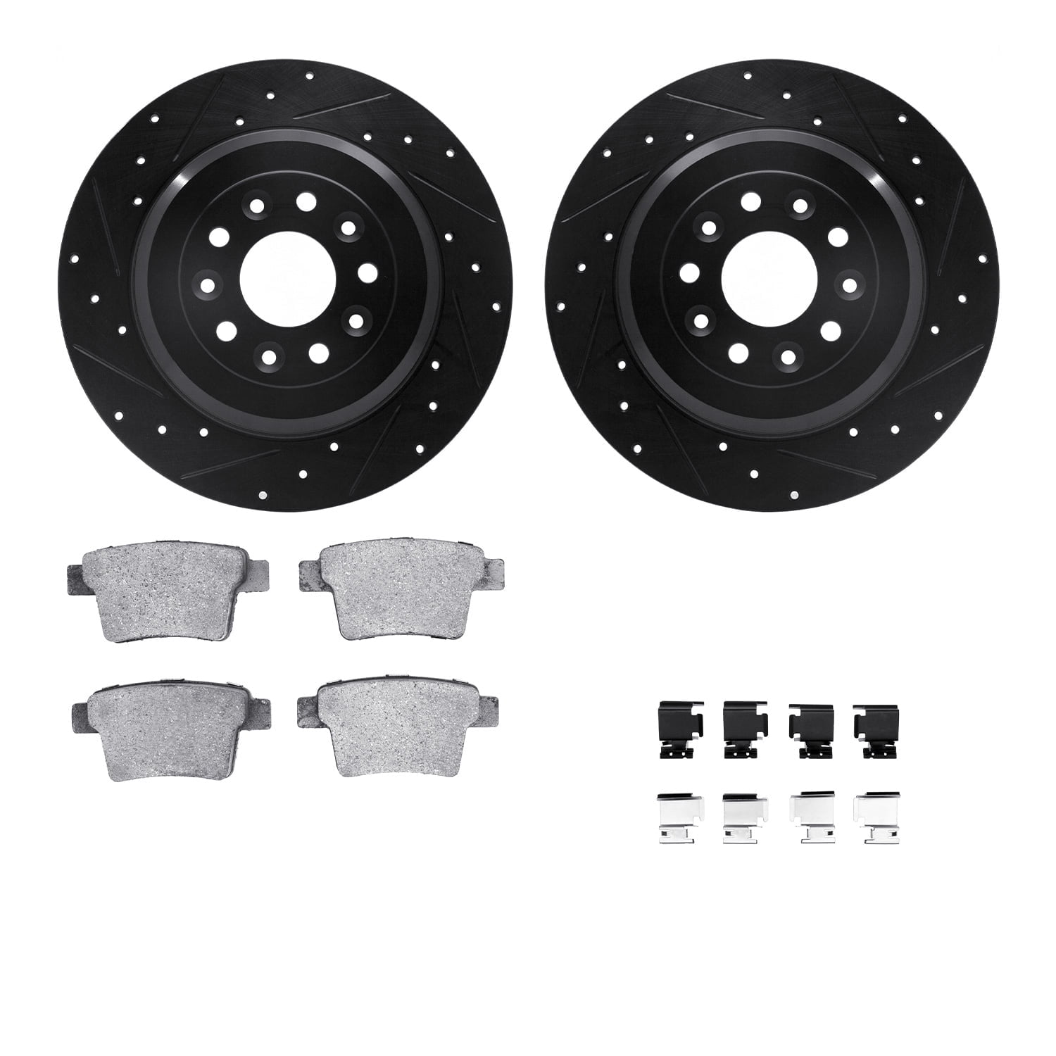 Dynamic Friction Company Rear Brake Rotors-Drilled and Slotted-Black with 5000 Euro Ceramic Brake Pads includes Hardware 8612-54021