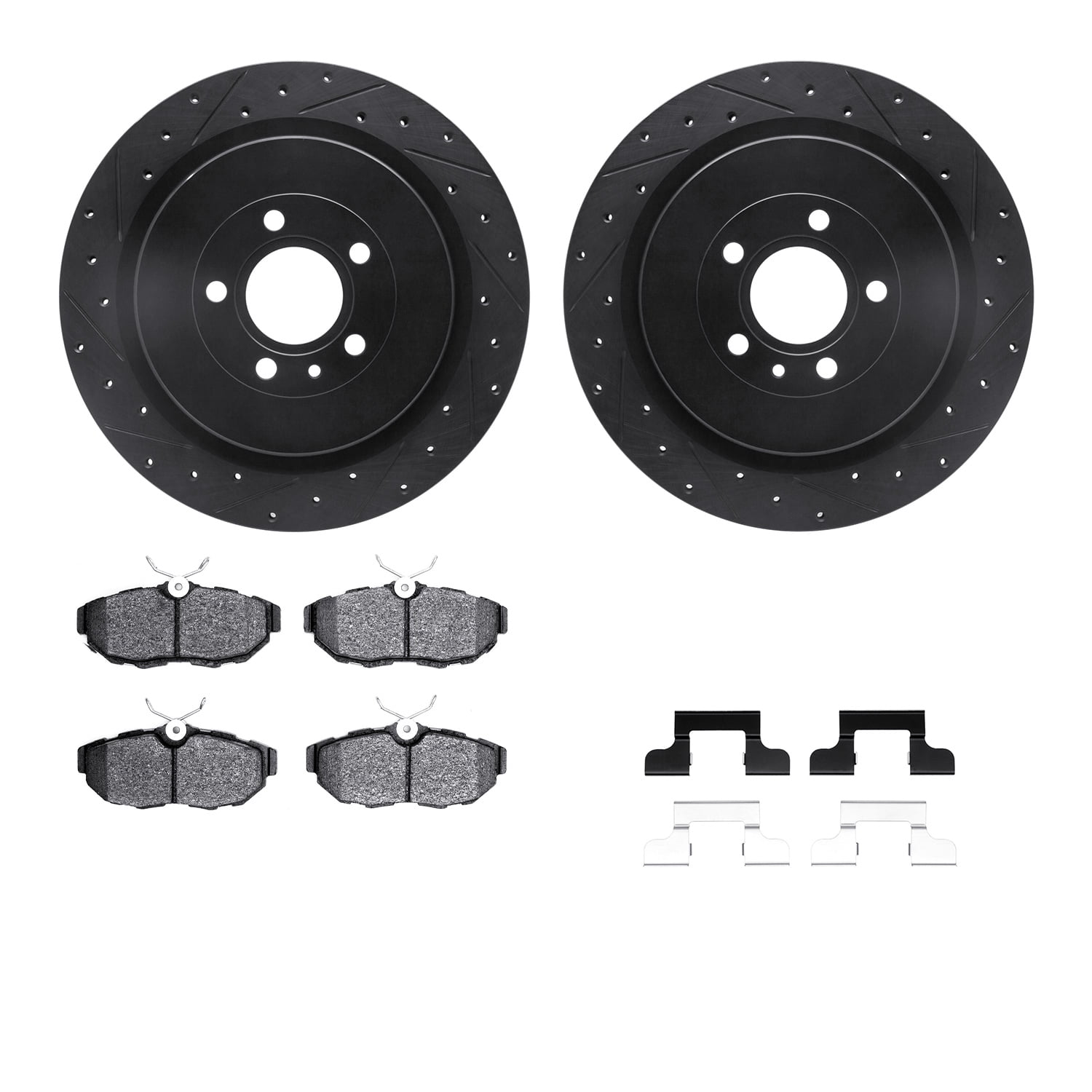 Dynamic Friction Company Rear Brake Rotors-Drilled and Slotted-Black with 5000 Euro Ceramic Brake Pads includes Hardware 8612-54026
