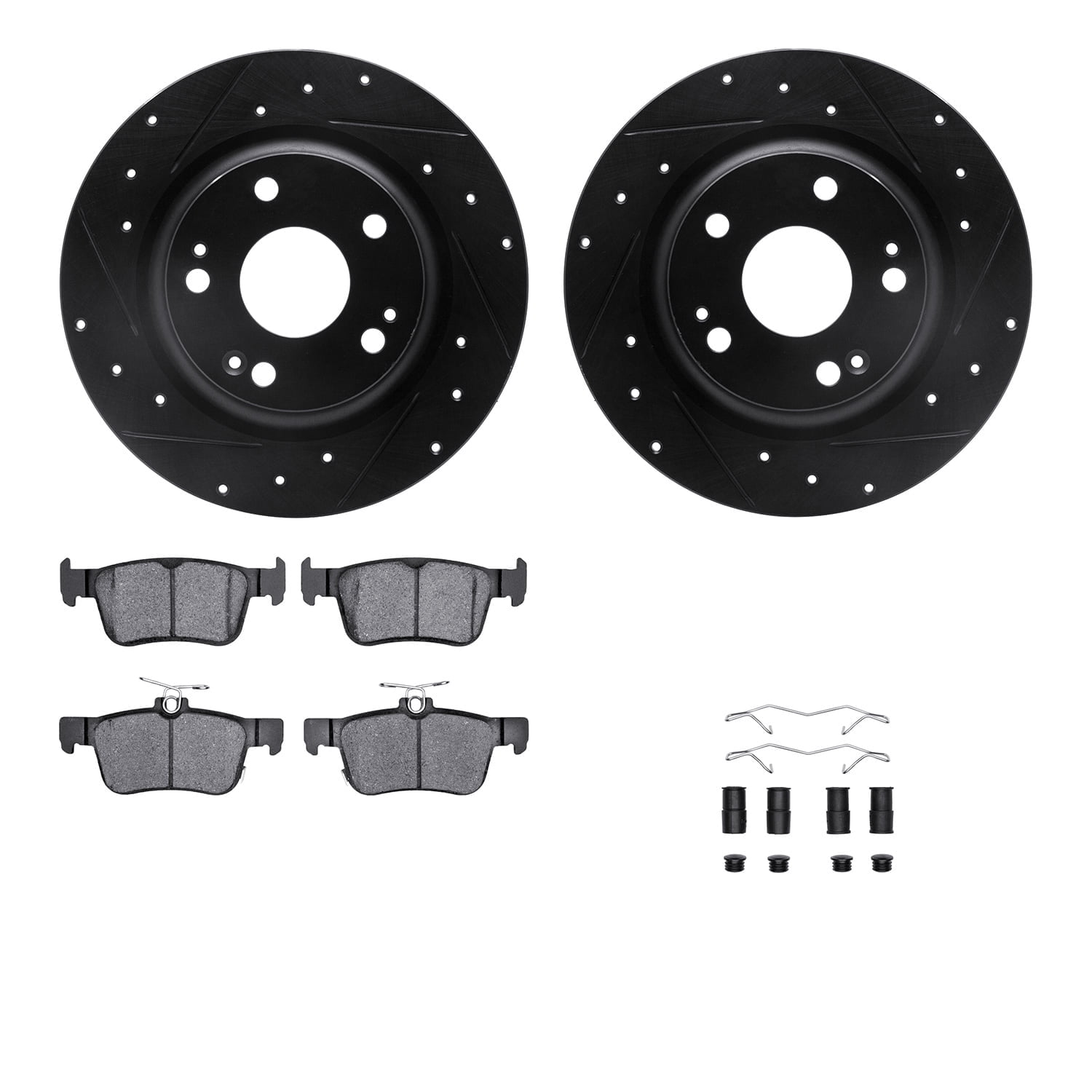 Dynamic Friction Company Rear Brake Rotors-Drilled and Slotted-Black with 5000 Euro Ceramic Brake Pads includes Hardware 8612-59009