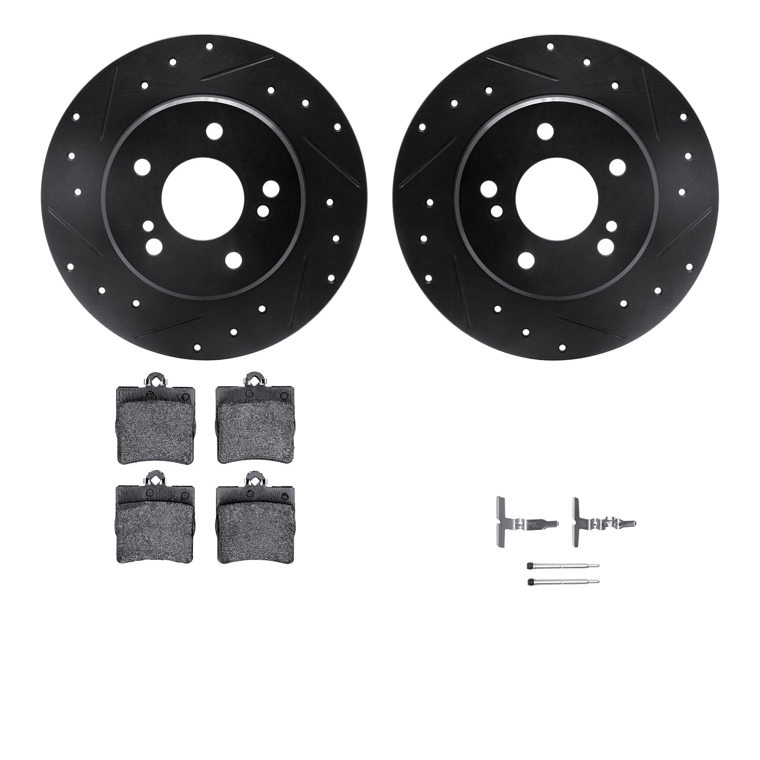 Dynamic Friction Company Rear Brake Rotors-Drilled and Slotted-Black with 5000 Euro Ceramic Brake Pads includes Hardware 8612-63029