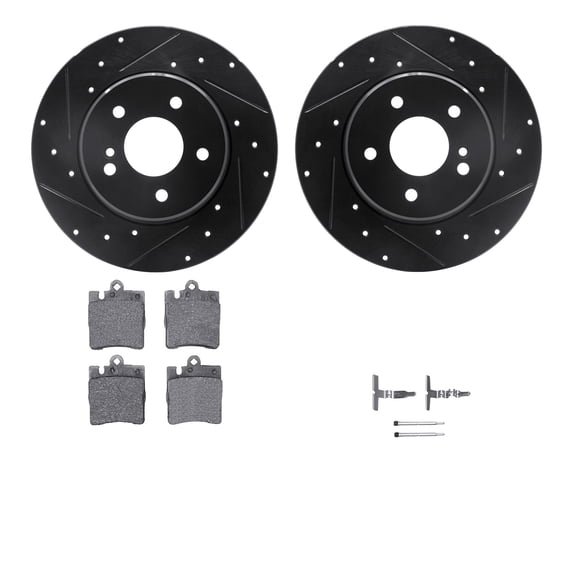 Dynamic Friction Company Rear Brake Rotors-Drilled and Slotted-Black with 5000 Euro Ceramic Brake Pads includes Hardware 8612-63051