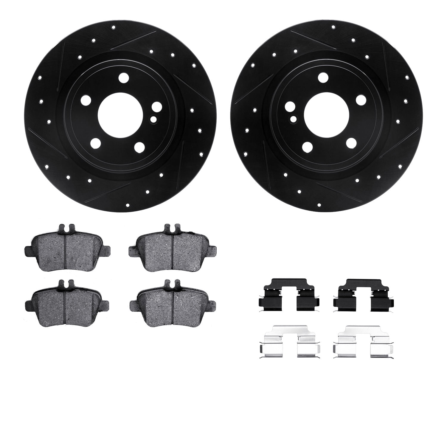 Dynamic Friction Company Rear Brake Rotors-Drilled and Slotted-Black with 5000 Euro Ceramic Brake Pads includes Hardware 8612-63072