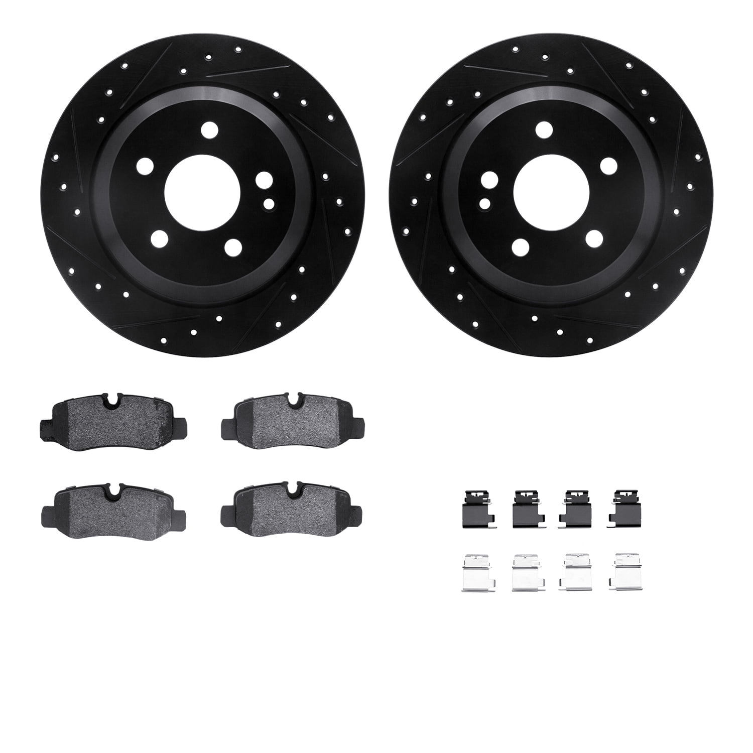 Dynamic Friction Company Rear Brake Rotors-Drilled and Slotted-Black with 5000 Euro Ceramic Brake Pads includes Hardware 8612-63091