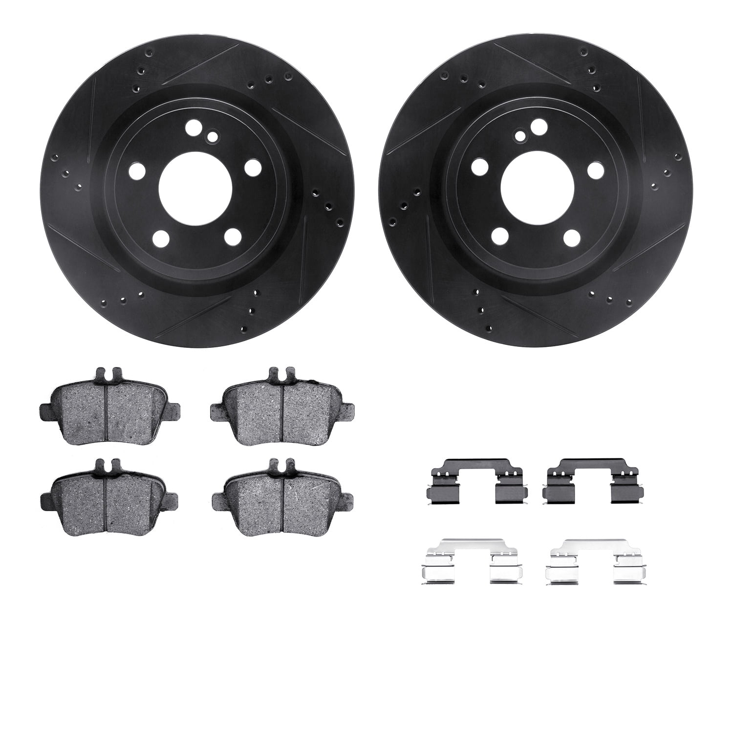 Dynamic Friction Company Rear Brake Rotors-Drilled and Slotted-Black with 5000 Euro Ceramic Brake Pads includes Hardware 8612-63093